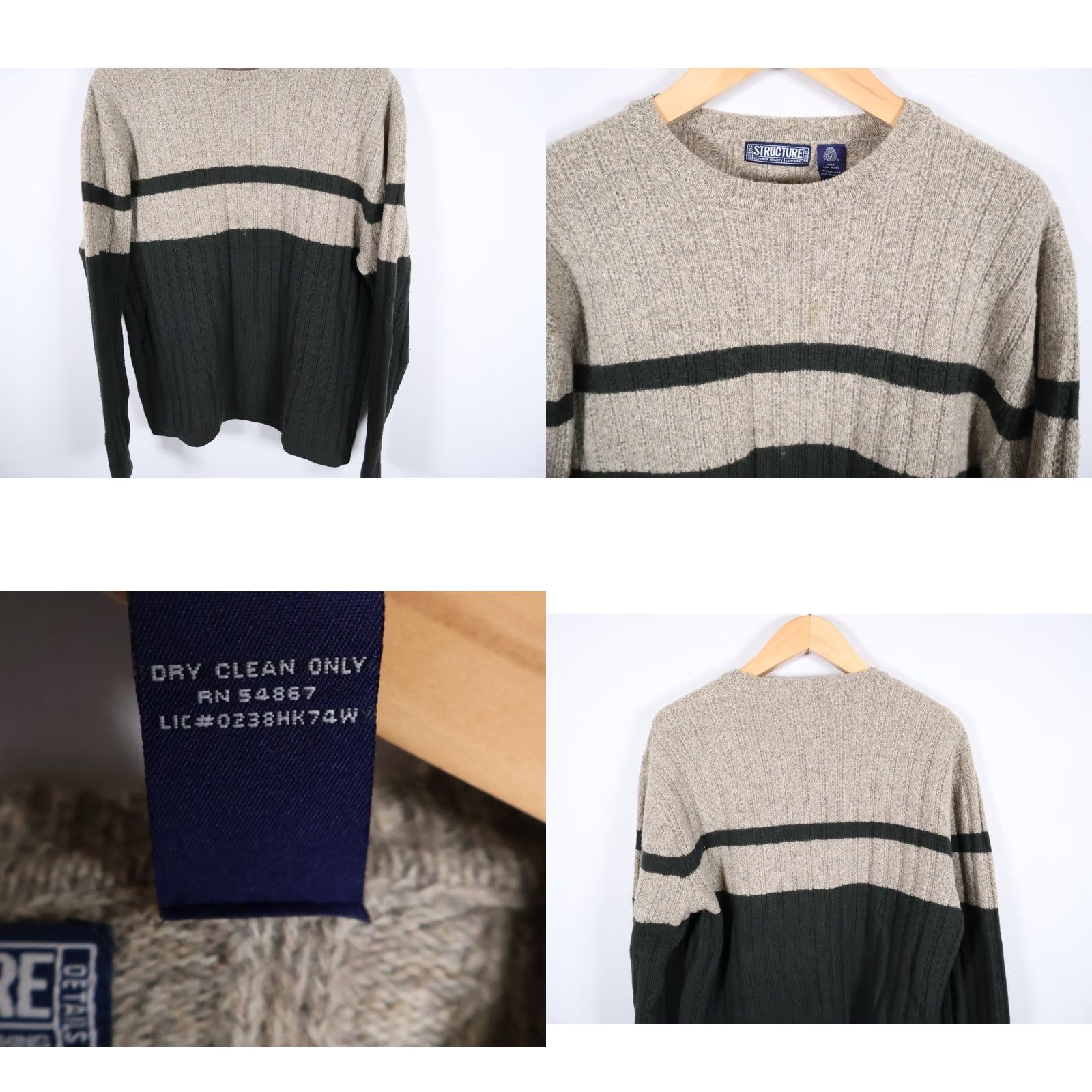Vintage VTG Structure Wool Sweater Men's Large Beige Black Stripe Ribbed Knit Crewneck Size US L / EU 52-54 / 3 - 8 Thumbnail