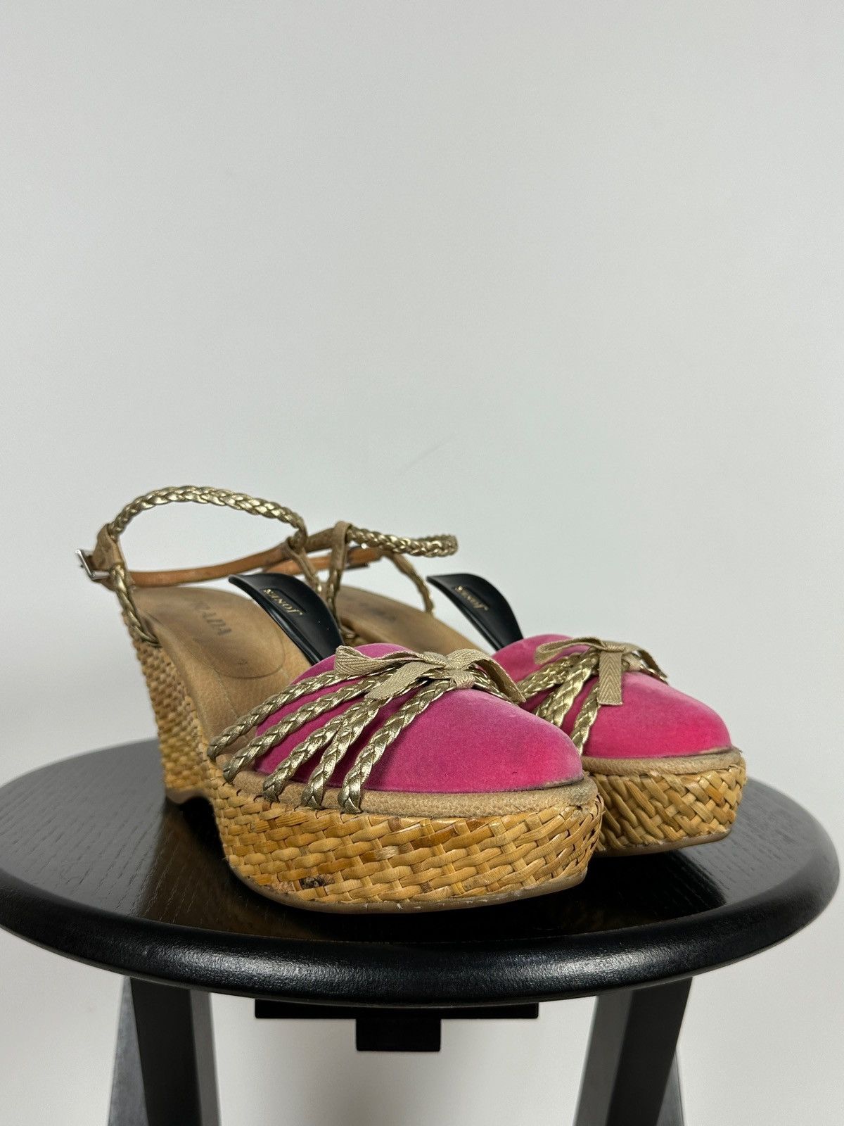 Prada Prada Braided Leather Woven Raffia Wedge Ankle Strap Sandals Size US 9.5 / IT 39.5 - 10 Thumbnail