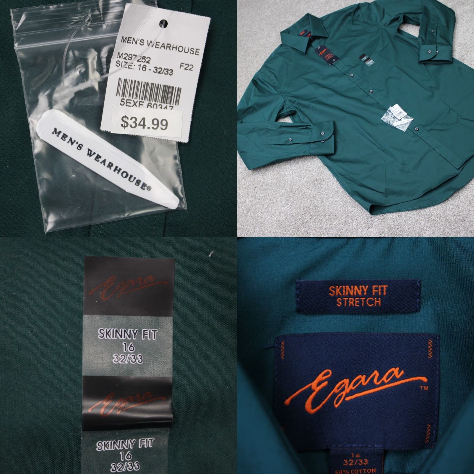 Egara Egara Dress Shirt Mens 16, 32/33 Green Regular Long Sleeve Button Shirt Size 42R - 8 Thumbnail