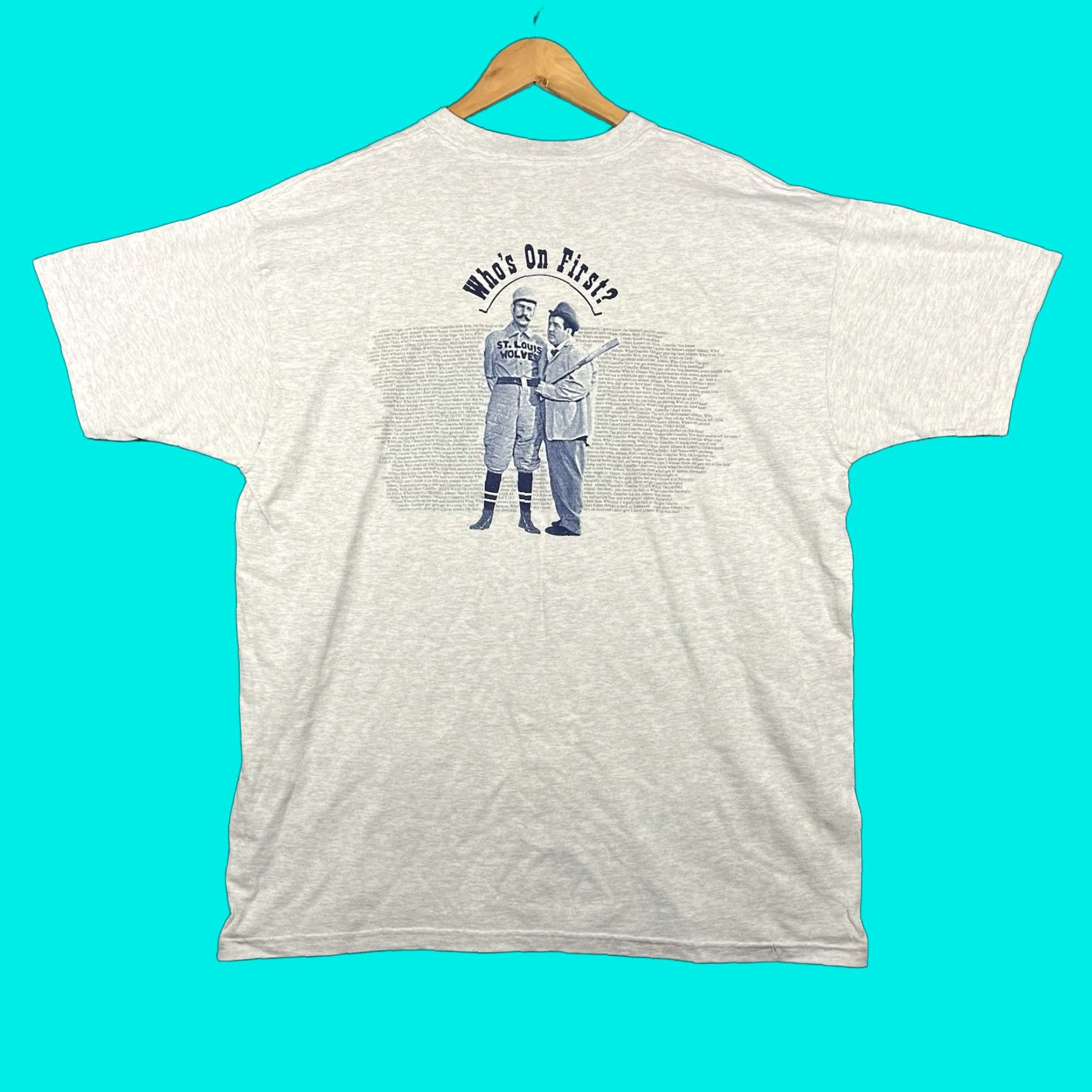 VINTAGE Abbott & Costello Who’s On First Gray T-Shirt Mens 2XL Baseball Comedy Promo 90s
