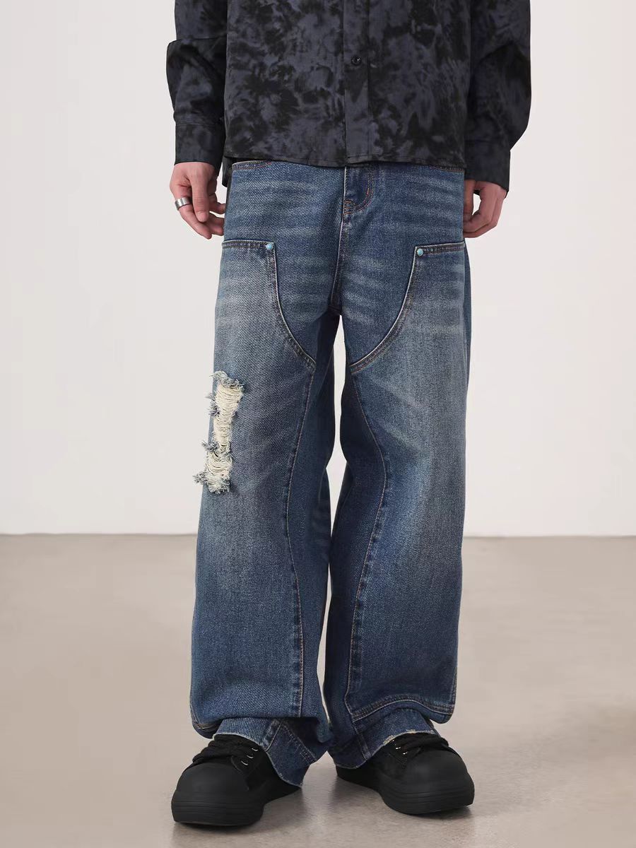Washed vintage loose fit ripped work jeans