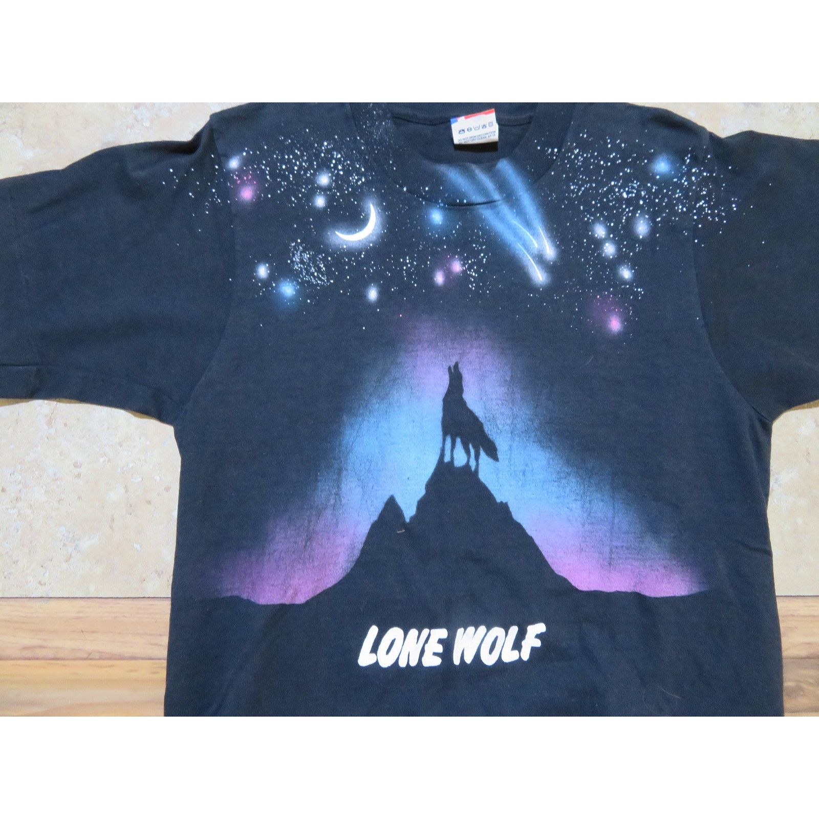 Fruit Of The Loom 90s Lone Wolf Howling Night Stars Sky Black T-Shirt Sz S-M Size US M / EU 48-50 / 2 - 2 Thumbnail