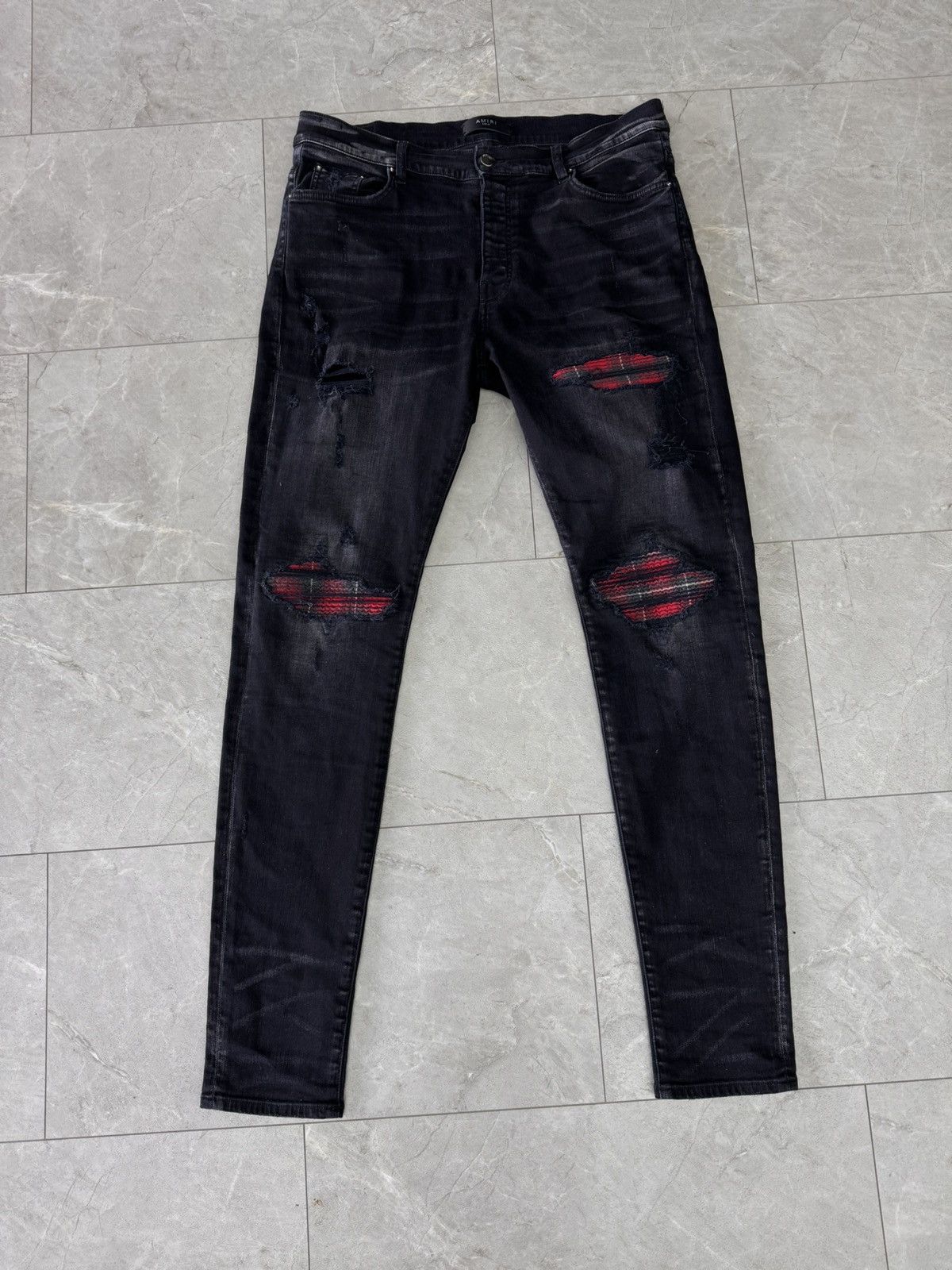 Amiri MX1 Plaid Pannel Distressed Black Jeans