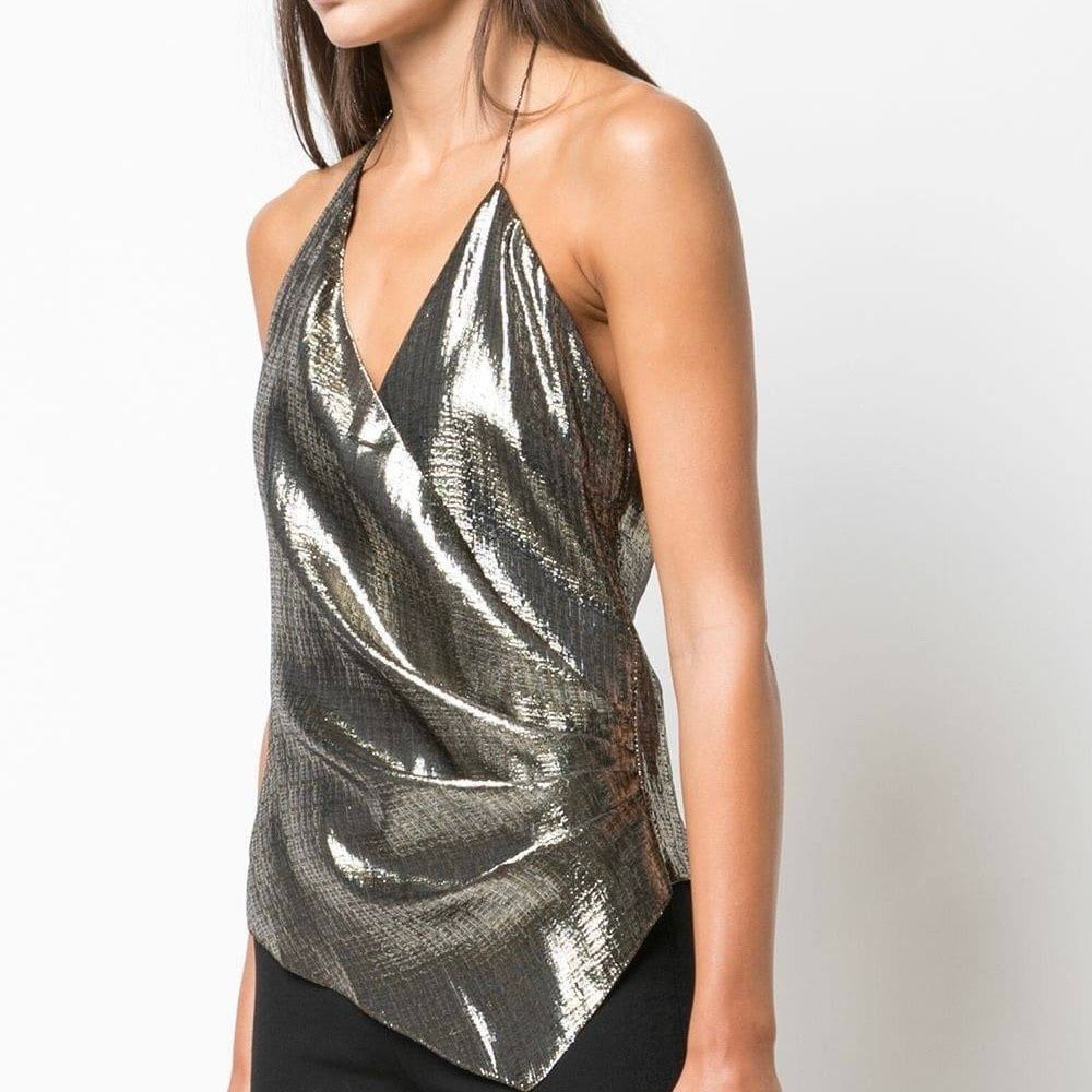 CUSHNIE Blouse Metallic Cowl Neck Open Back Halter Top Silk