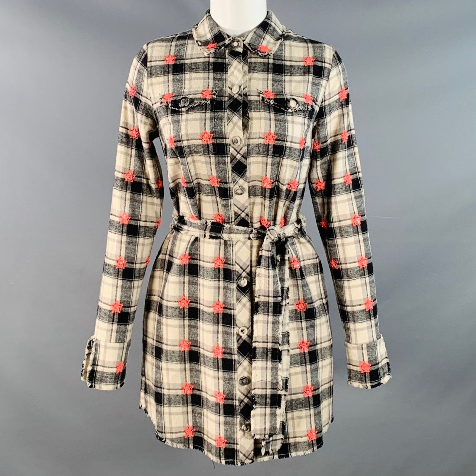 Beige Black Cotton Plaid Raw Edges Belted Mini Shirt Dress