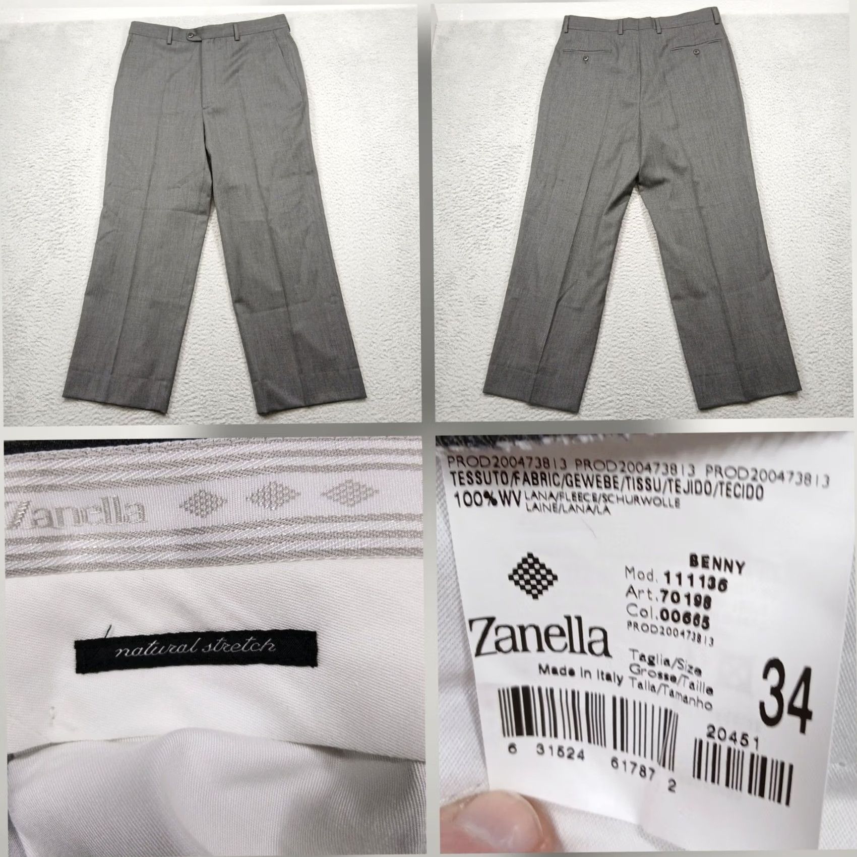 Zanella Zanella Mens Dress Pants 34 Gray Wool Italy Benny Herringbone Stretch Flat Front Workwear Trousers Size US 34 / EU 50 - 2 Thumbnail