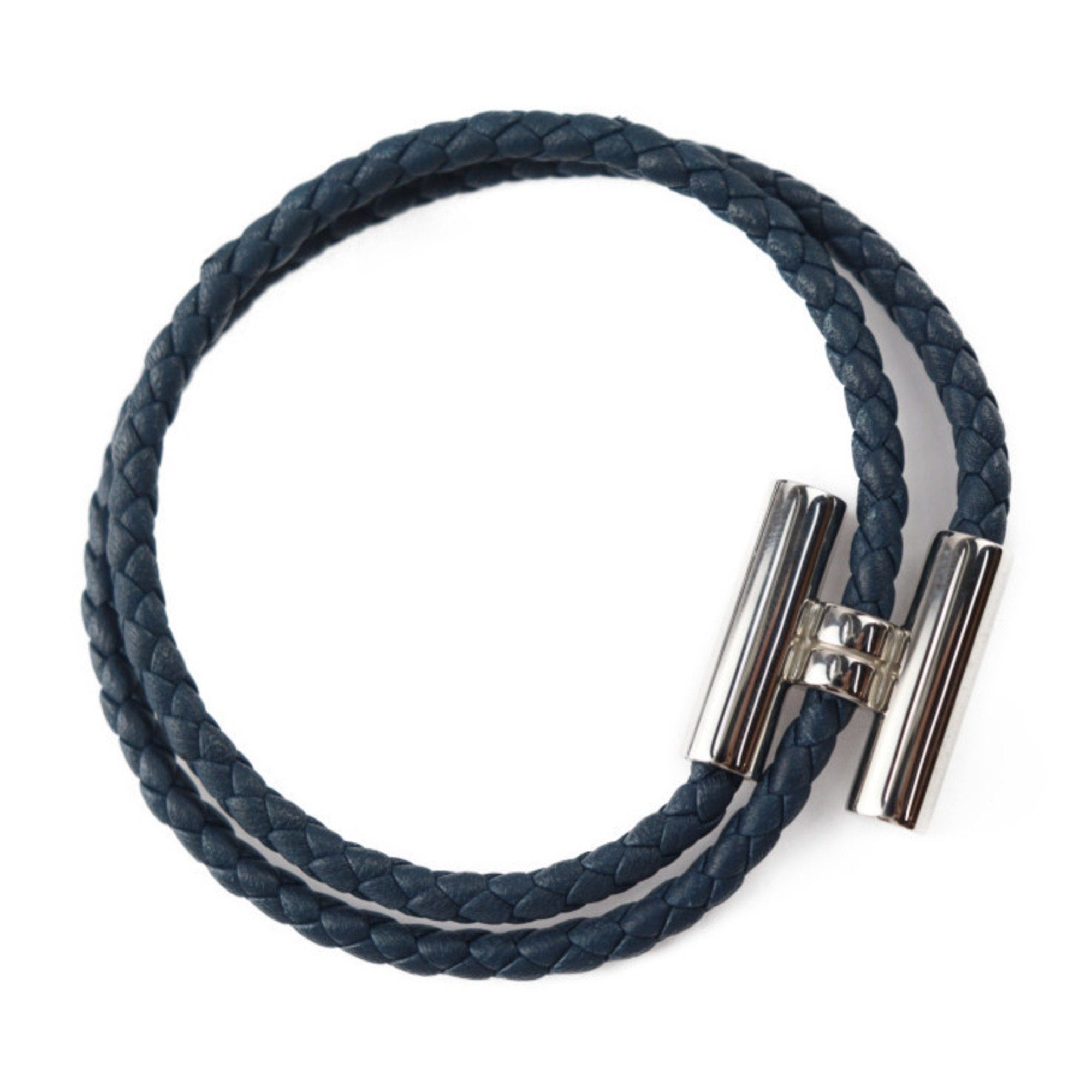 image of Hermes Tournis Tresse Bracelet Leather Navy Silver Hardware Braided Double in Black, Women's