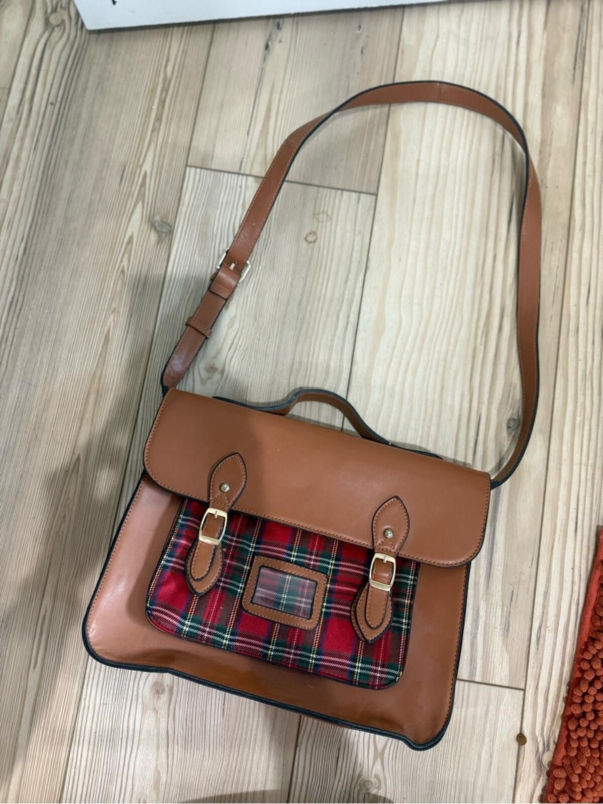 Robyn Lynch Tan Leather Satchel with Red Tartan Front Pocket Size ONE SIZE - 3 Thumbnail