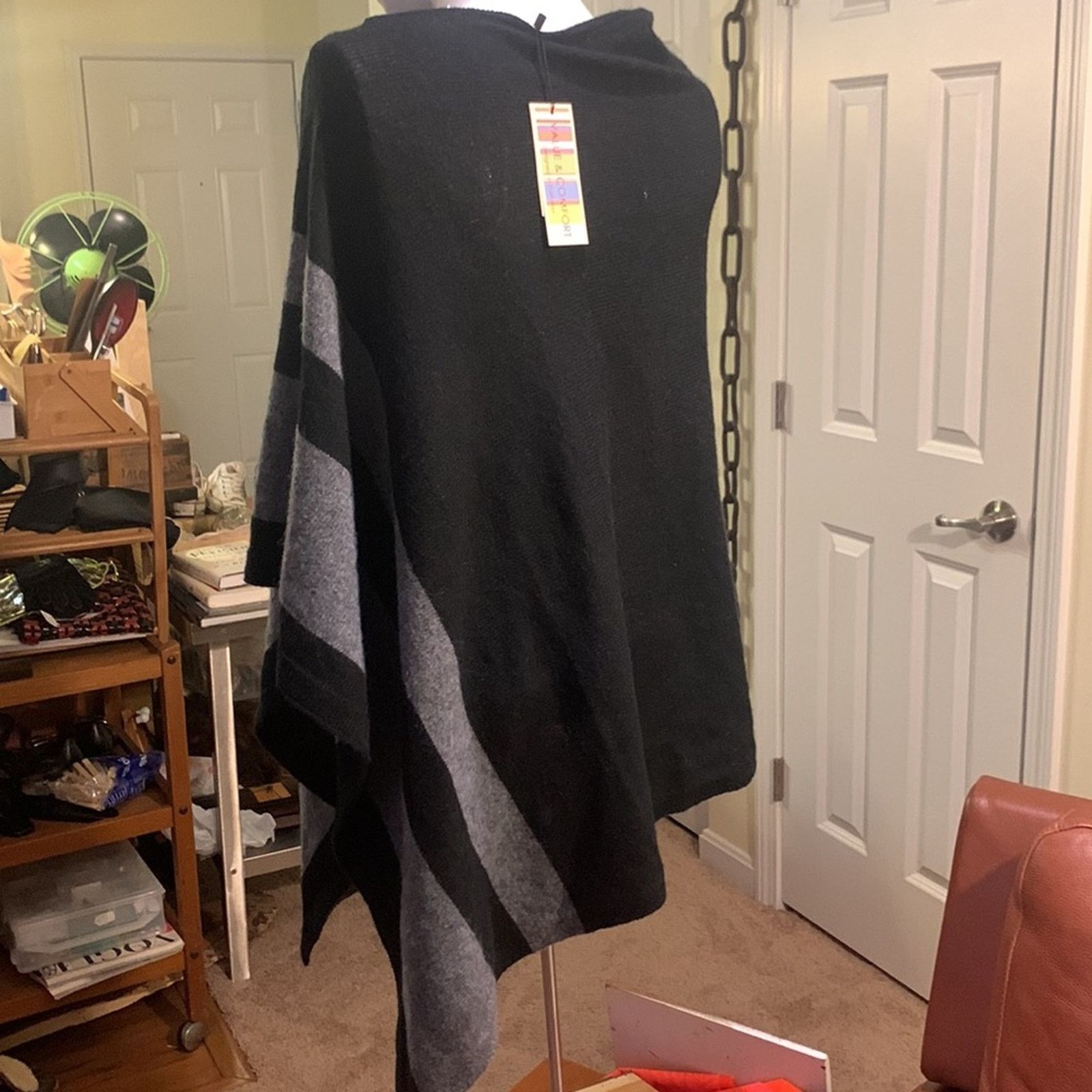 Vintage Cashmere blend poncho shawl black & gray striped Size ONE SIZE - 3 Thumbnail