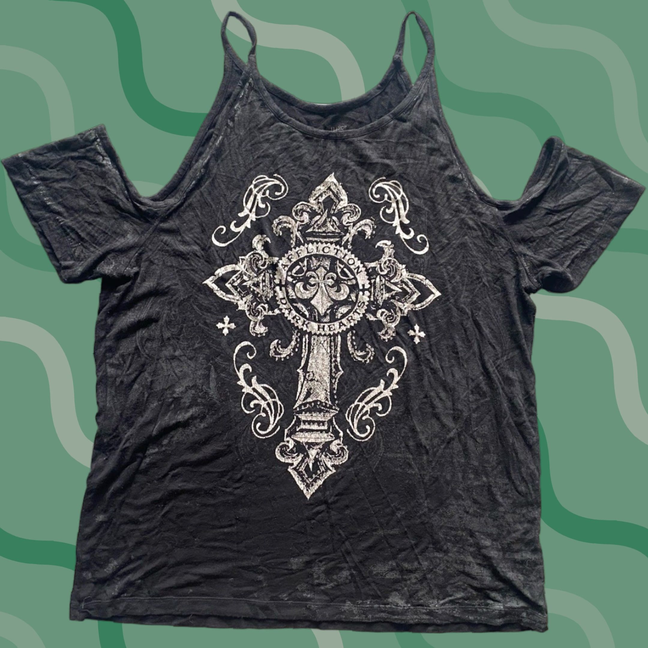 Affliction VINTAGE Affliction Live Fast WOMENS Blouse Off Shoulder Tank Shirt Black L Womens Dark Hearts Cross Rhinestone Contour Fleur-de-lis 90s / 2000s Size L / US 10 / IT 46 - 1 Thumbnail