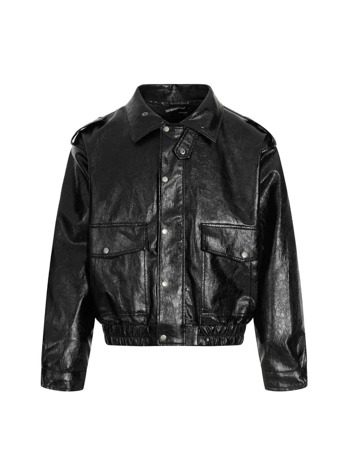 Japanese Brand Black Cropped Faux Leather Bomber Jacket, Boxy Fit Jacket Size US L / EU 52-54 / 3 - 1 Thumbnail