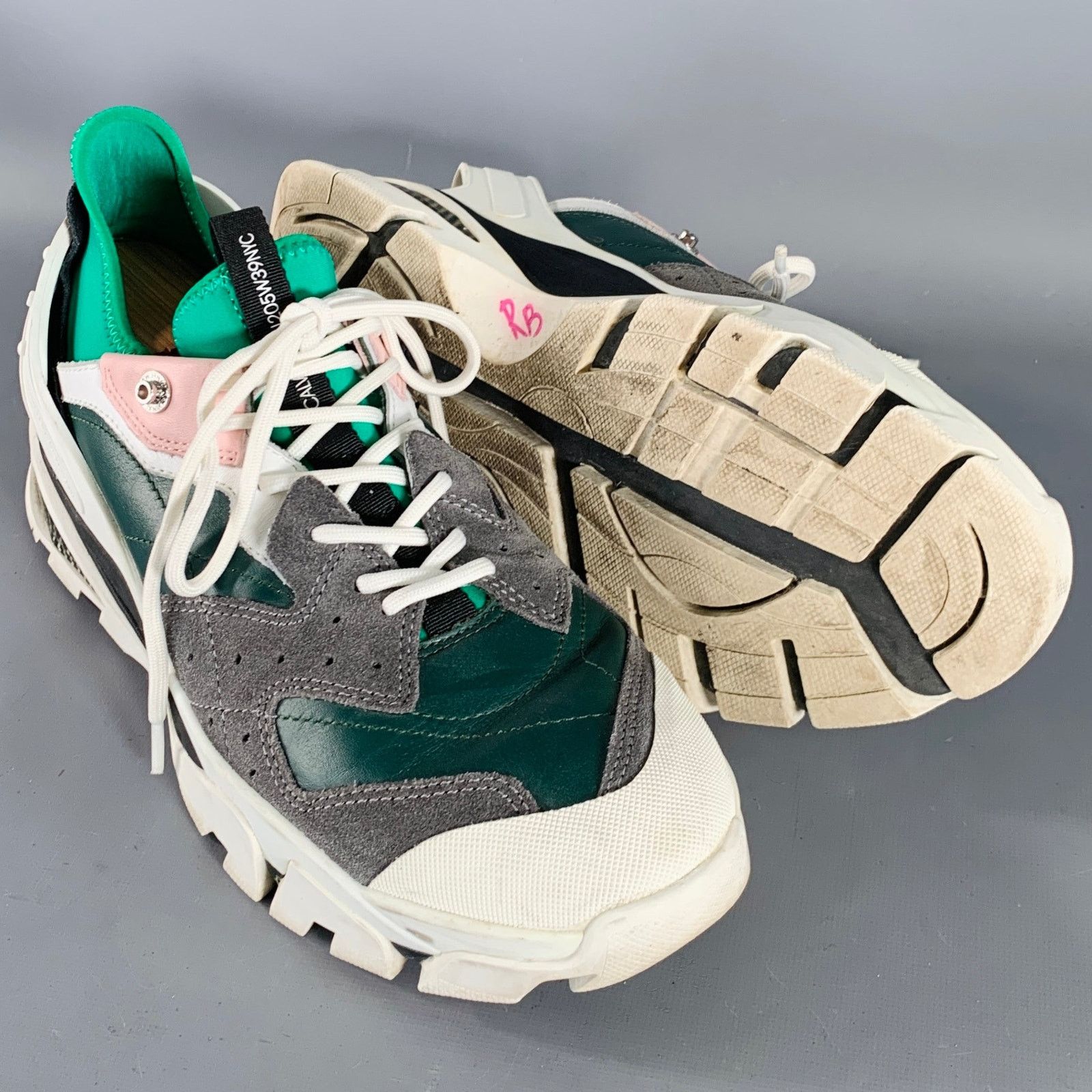 Calvin Klein 205W39NYC CALVIN KLEIN Green Grey Pink Color Block Leather Sneakers Size US 11 / EU 44 - 5 Thumbnail