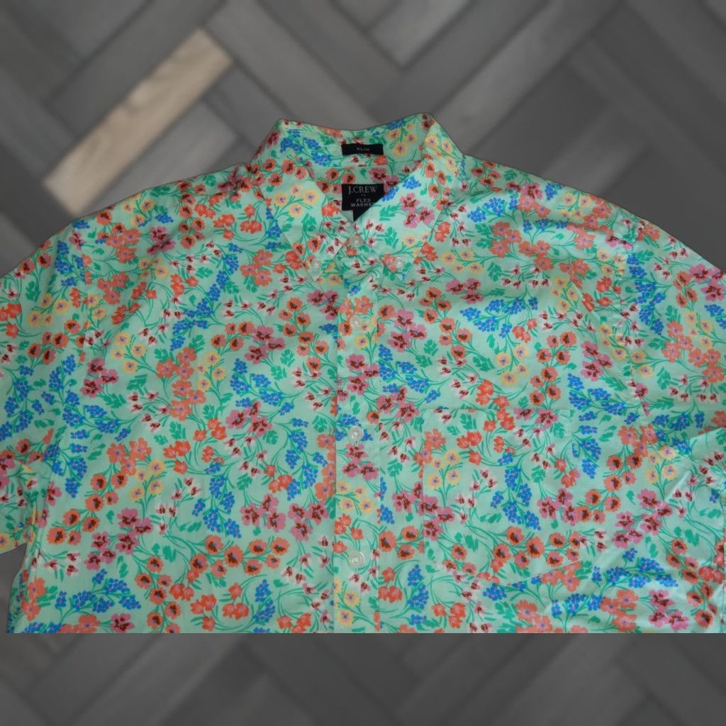 J.CREW Slim Fit Button-Up Shirt Men's Short Sleeve Medium Green Floral