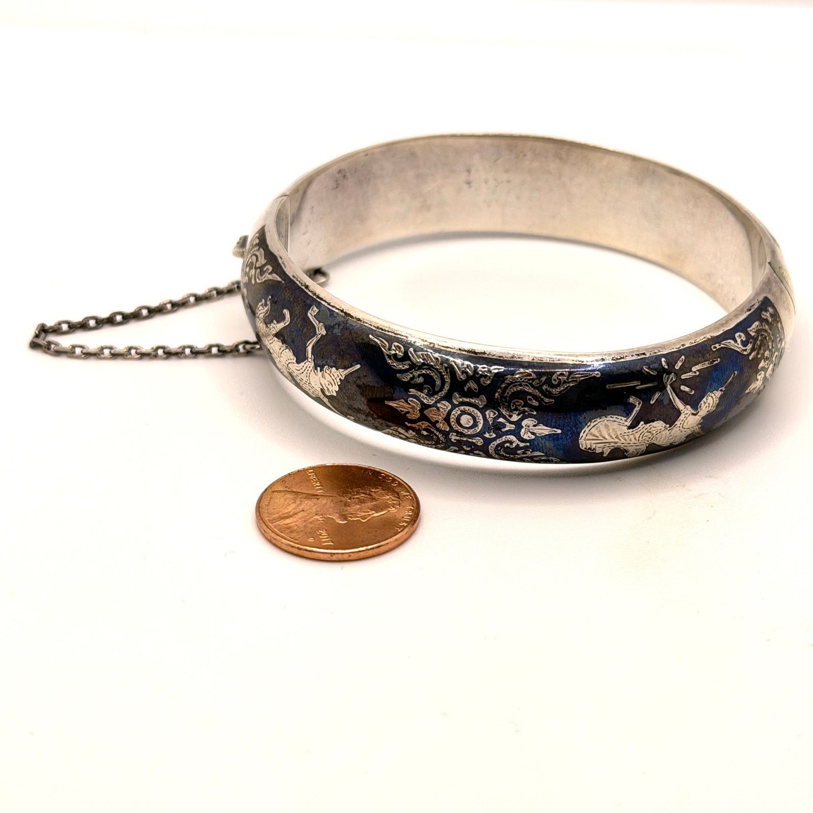 Vintage Vintage 50s Siam Sterling Silver Blue Niello Hinged Bangle Size ONE SIZE - 1 Thumbnail