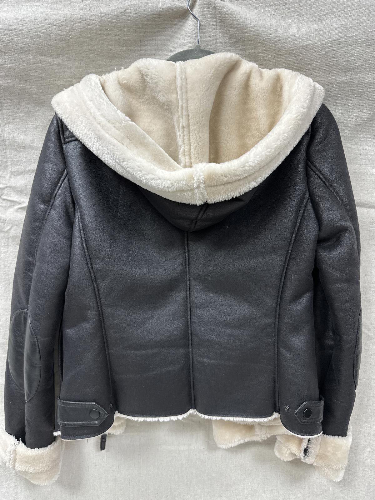 Designer Stylish Black Faux Leather Jacket with Cream Shearling Linin Size L / US 10 / IT 46 - 5 Thumbnail