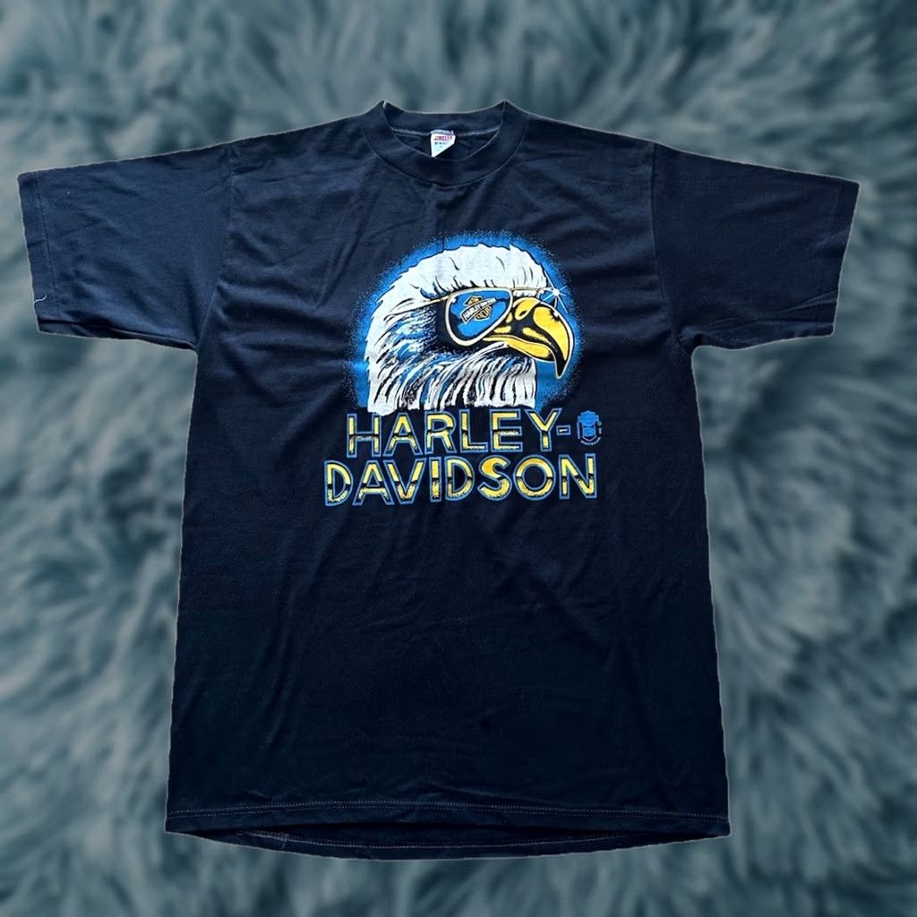 Jerzees VINTAGE 80s Harley Davidson Eagle With Sunglasses 3D Emblem Tee XL Black Unisex Graphic Tee Men Women Mens Womens Size ONE SIZE - 1 Thumbnail