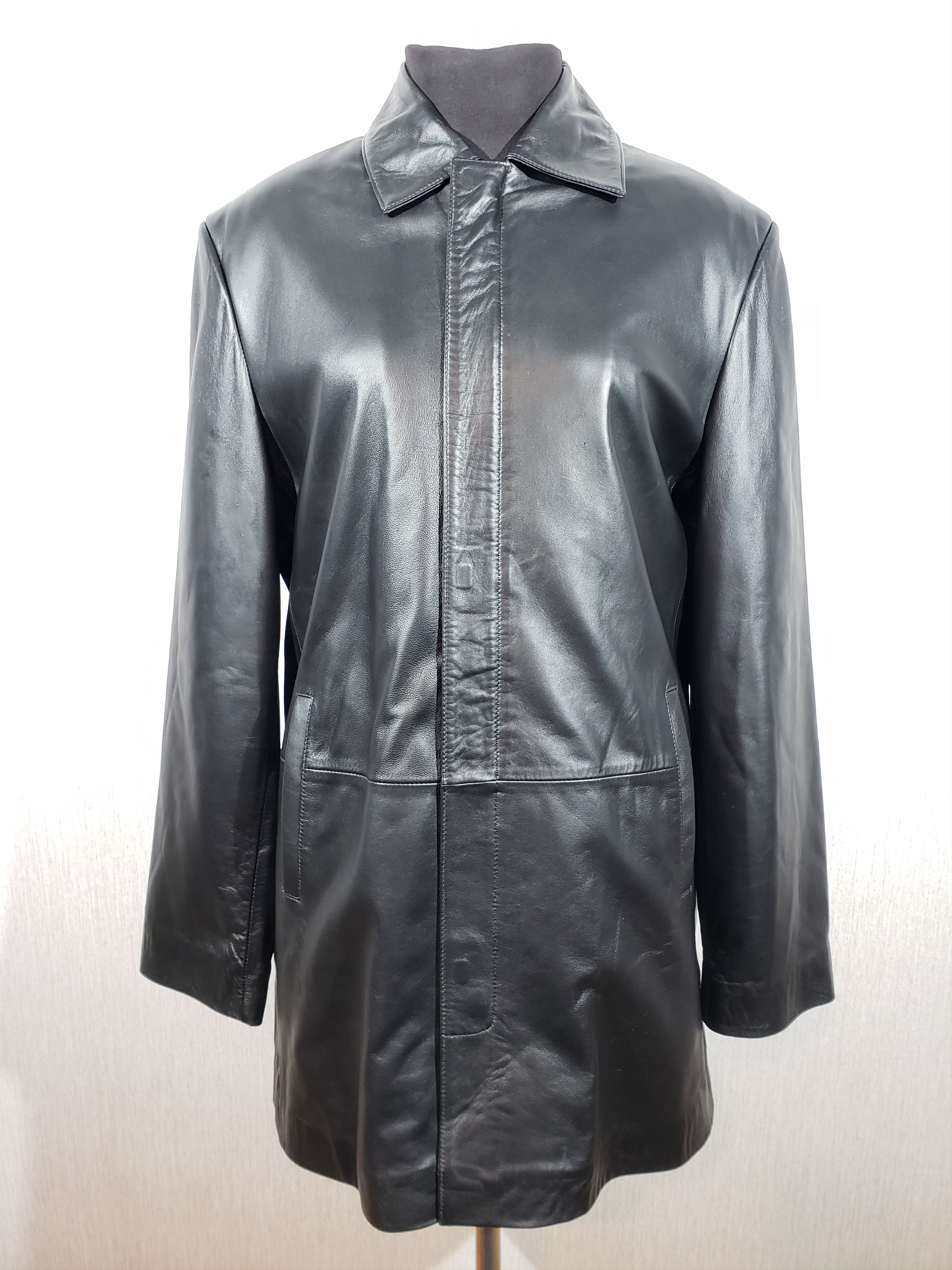 image of Stylish Long Leather Jacket For Men in Black (Size Large)