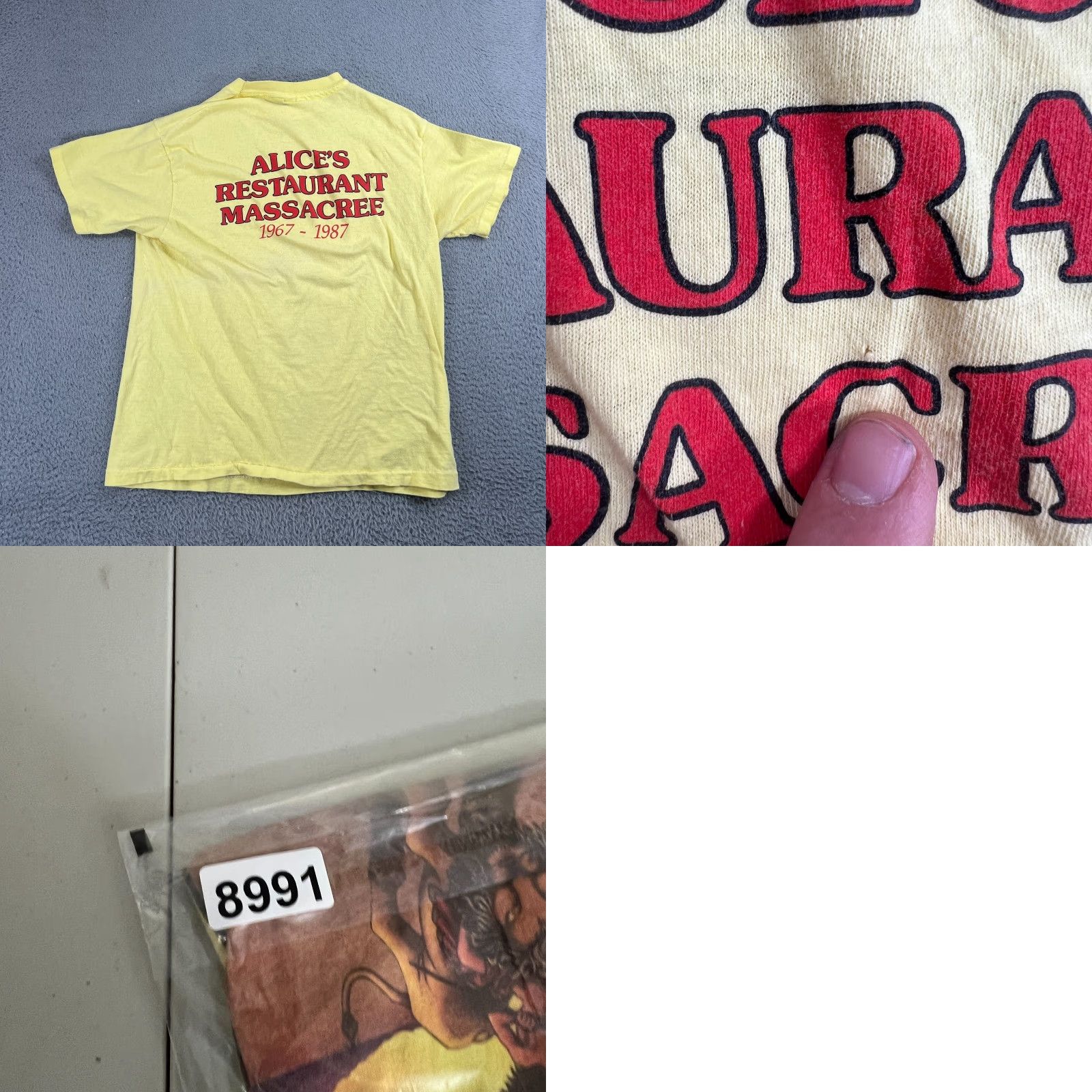 Hanes VINTAGE ARLO GUTHRIE Tour 87 ALICE'S RESTAURANT MASSACREE Shirt Unisex L Yellow 1980s Graphic Tee Mens Women? Size US L / EU 52-54 / 3 - 9 Thumbnail