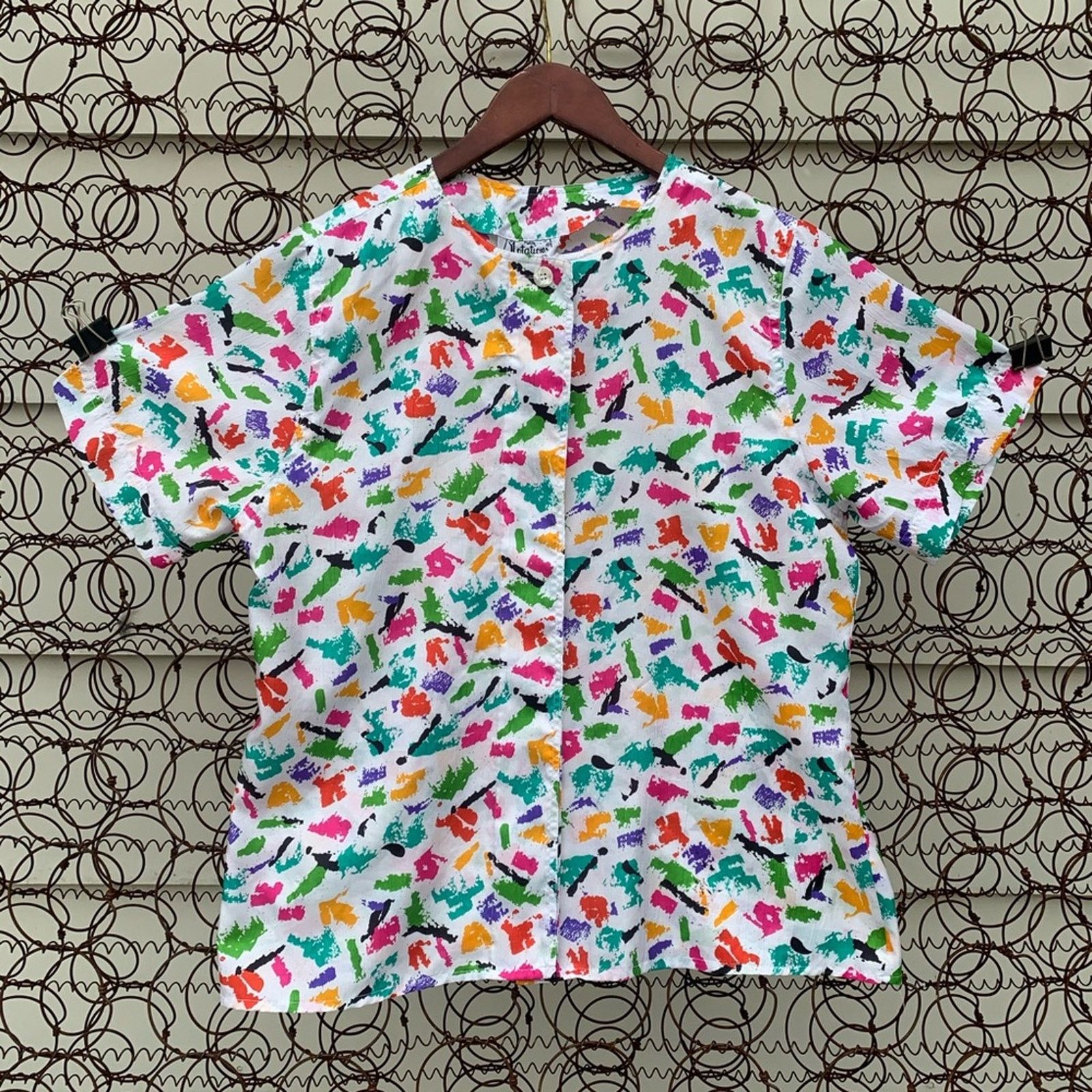Vintage 90's Notations Art Deco Primary Color Splatter Blouse in White, Women's (Size Small)