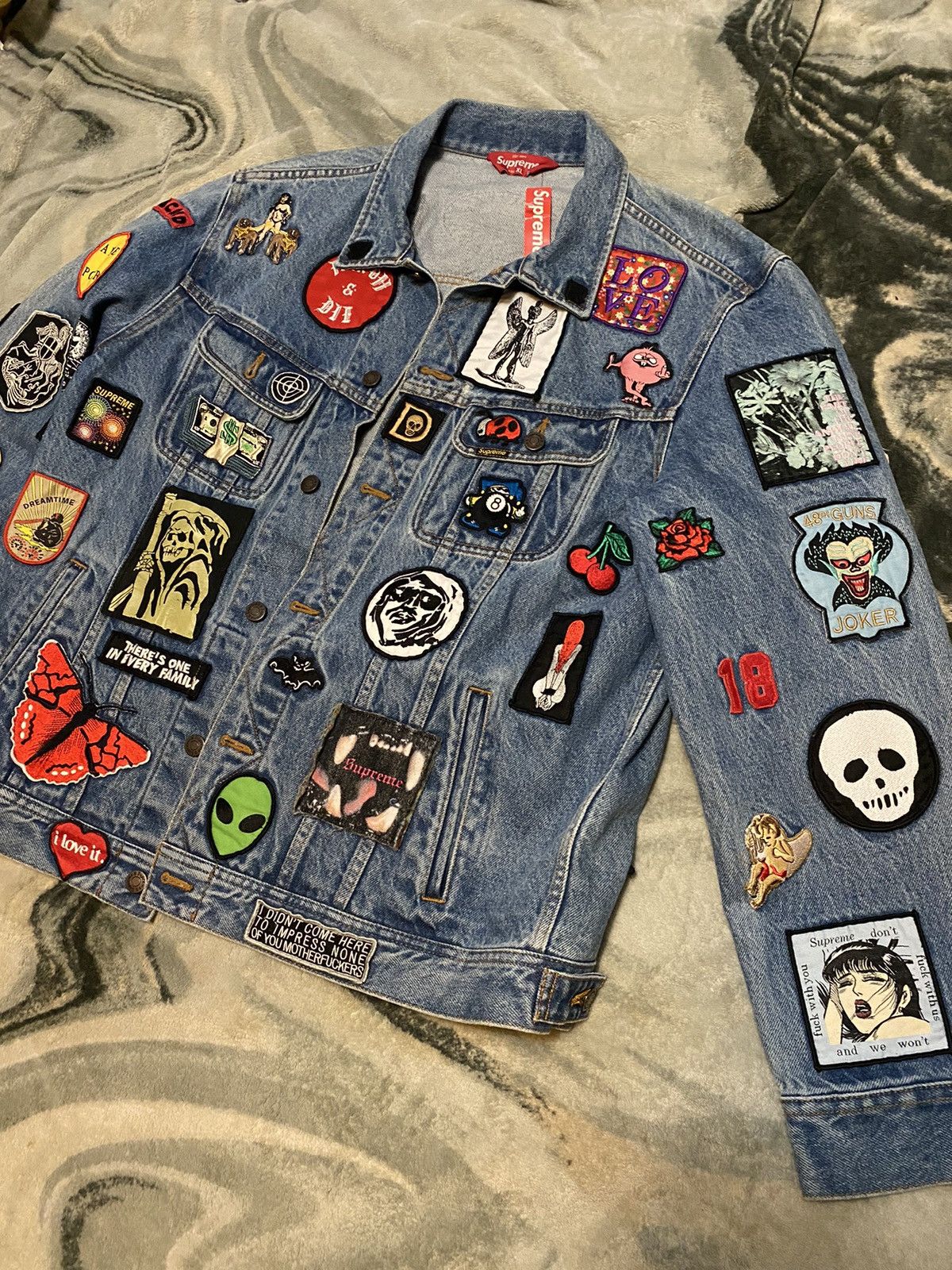 image of Supreme Patches Denim Trucker Jacket in Blue, Men's (Size XL)