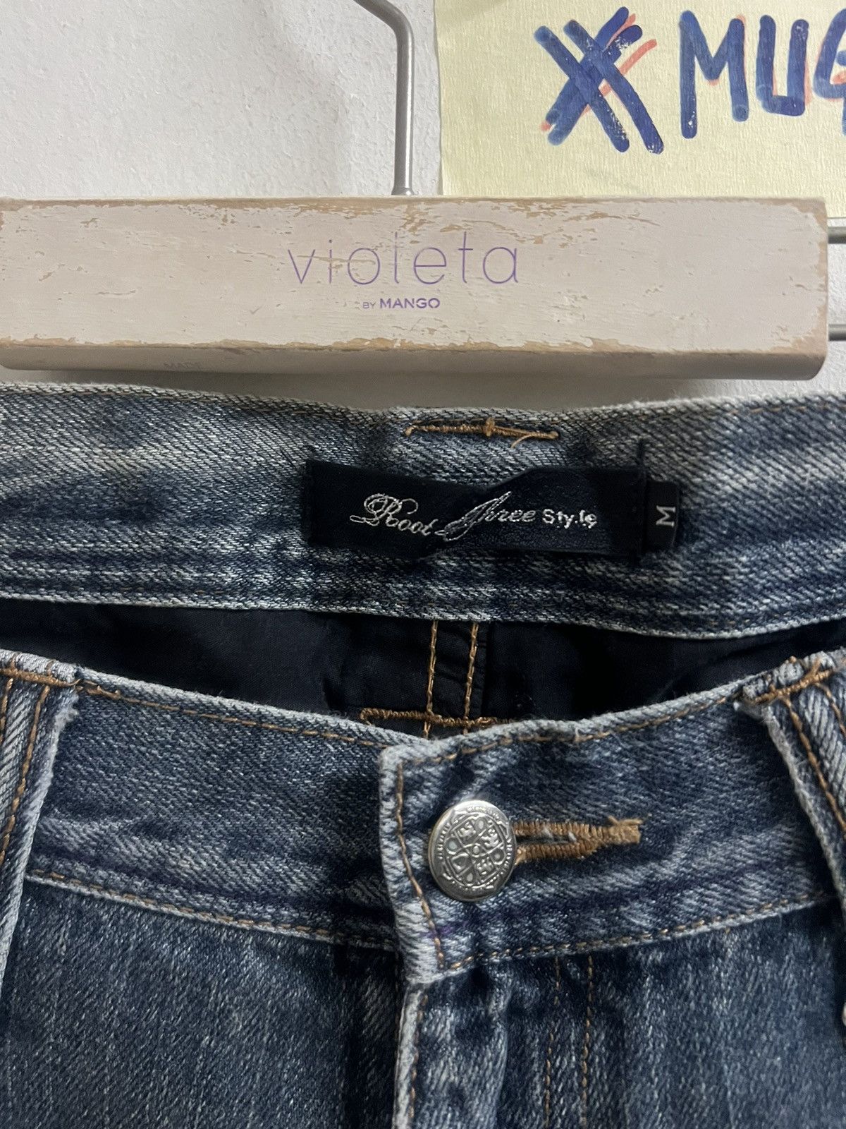 4GSELLER × Japanese Brand × Vintage FLARED🔥ROOT THREE PAINTED DISTRESSED DENIM PANT Size US 31 - 8 Thumbnail