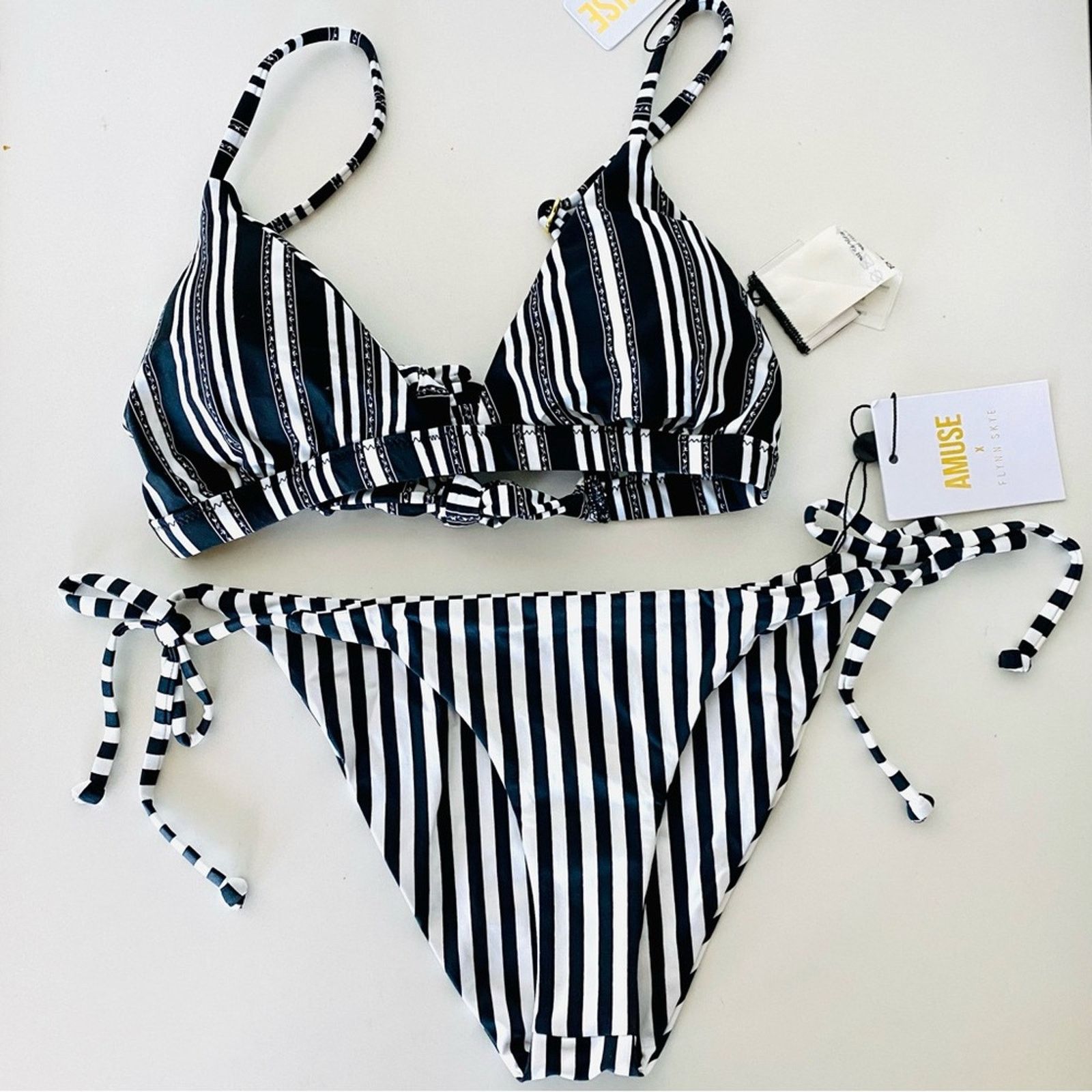 Anthropologie AMUSE SOCIETY Black White Stripe Triangle Top Bikini Swim Size ONE SIZE - 1 Thumbnail