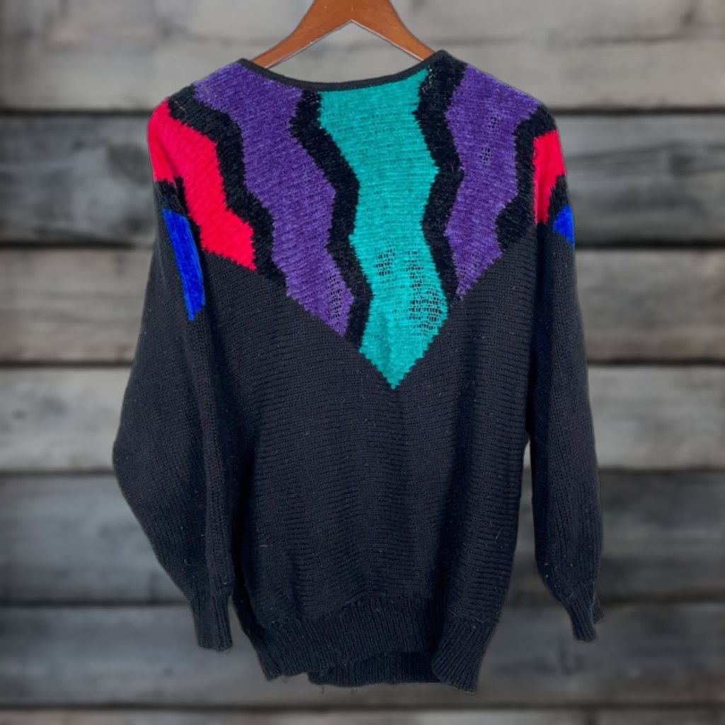 Vintage VINTAGE Sweater Geometric Stained Glass Window Knit Black Lightweight Women Large Crew Neck 80s 90s Pullover Womens Size L / US 10 / IT 46 - 1 Thumbnail