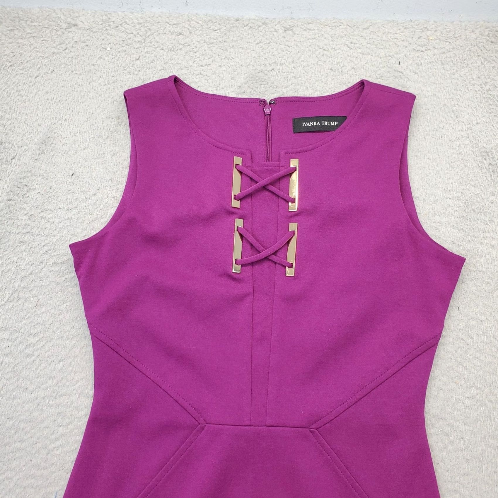 Vintage Ivanka Trump Sheath Dress Women 4 Purple Round Neck Criss Cross Back Zip Sleeveless Midi 2010s Womens Size S / US 4 / IT 40 - 3 Thumbnail