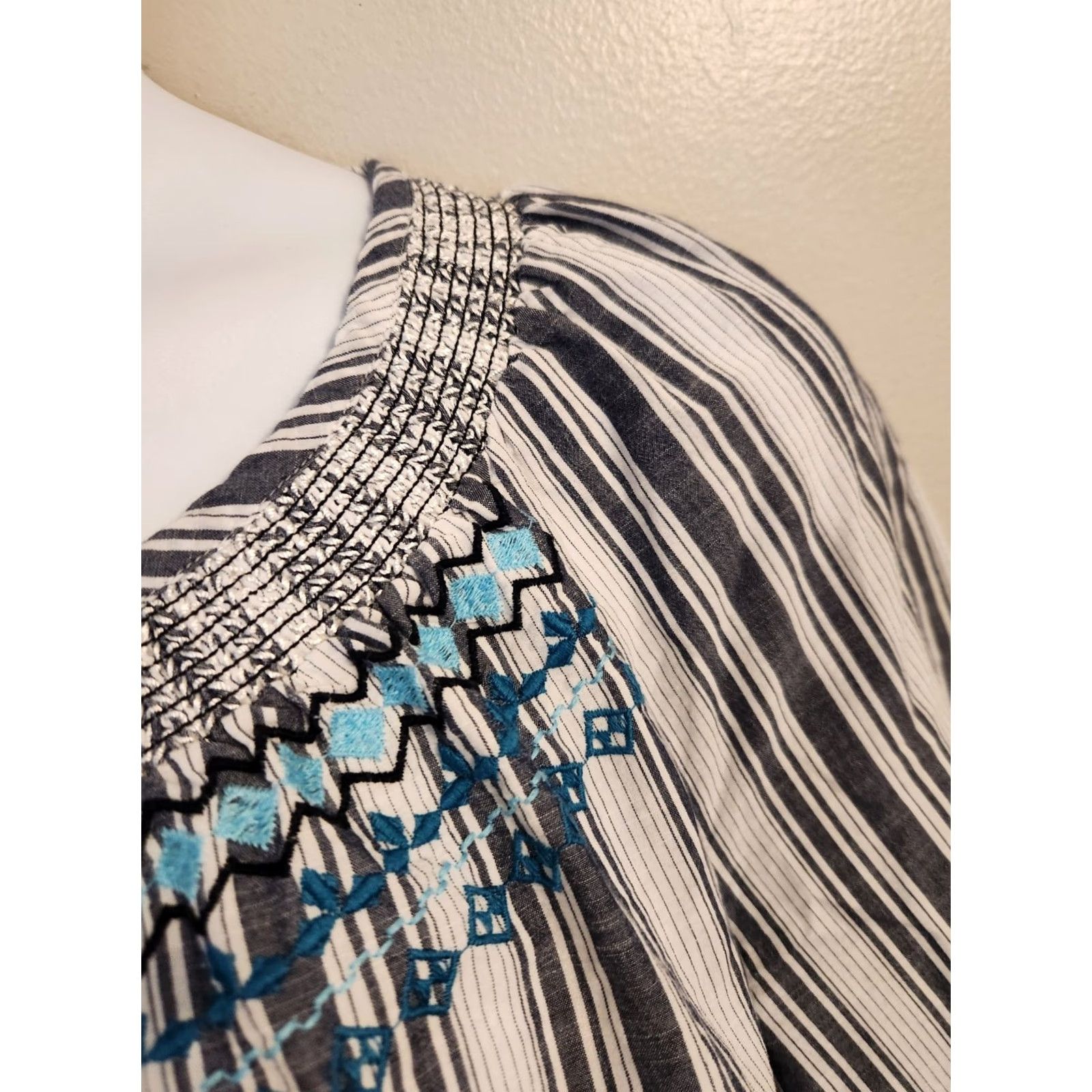 Vintage Catherines Blue White Stripe Embroidered Trim Balloon Sleeve Top Boho Hippie 0X Womens Blouse Size XL / US 12-14 / IT 48-50 - 3 Thumbnail