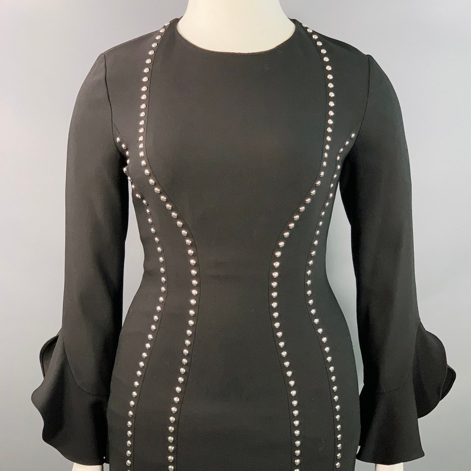 Michael Kors 10 Black Wool Blend Studded Ruffle Sleeve Shift Dress Size L / US 10 / IT 46 - 2 Thumbnail