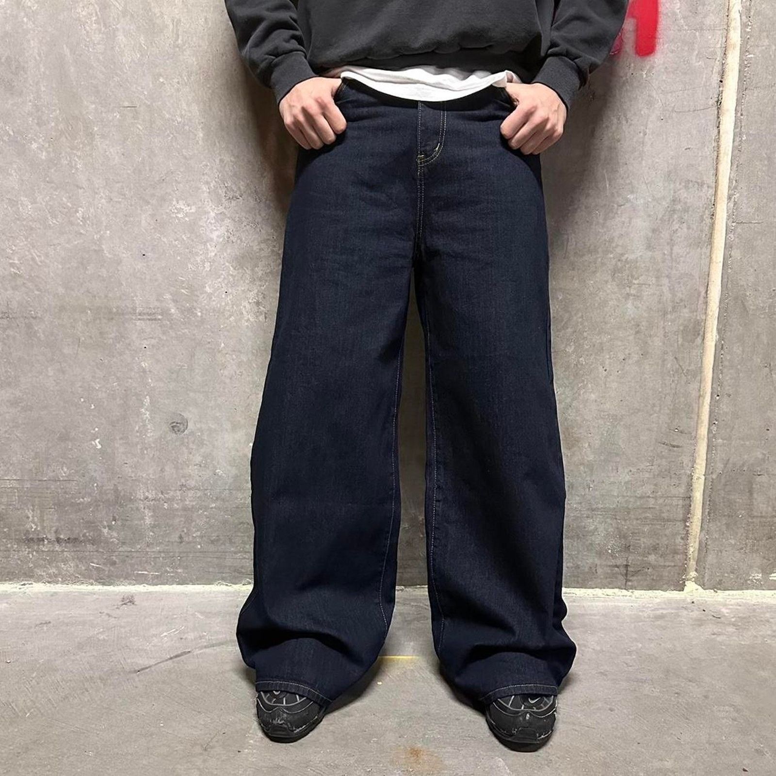 NAVY BLUE WIDE LEG BAGGY DENIM WAIST 34 FLAT