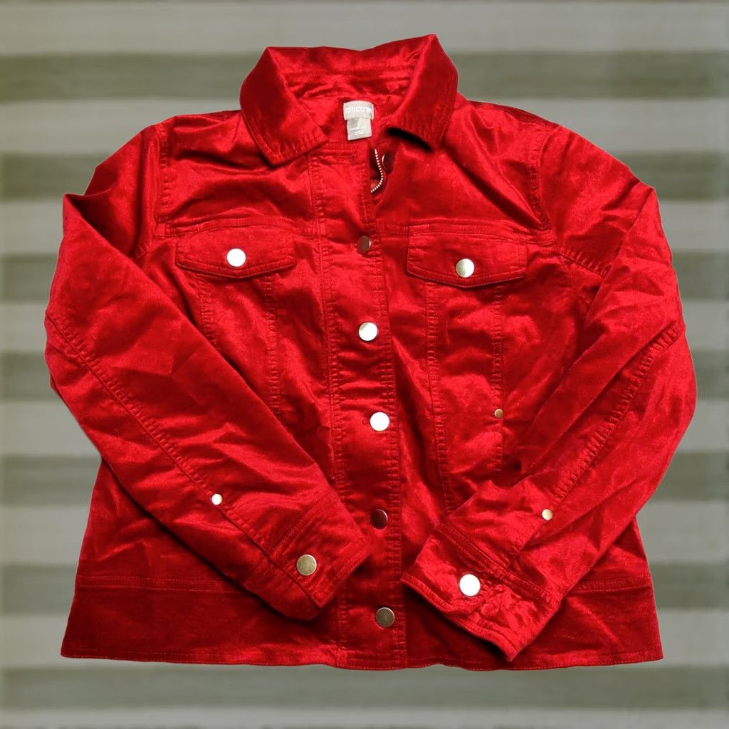 Vintage Chico's Red Velvet Denim Style Jacket Women's Regular 12/14 Short Lined Casual Party/Cocktail Fall Spring Summer Winter Velvet Denim Velvet Jacket Size XL / US 12-14 / IT 48-50 - 1 Thumbnail