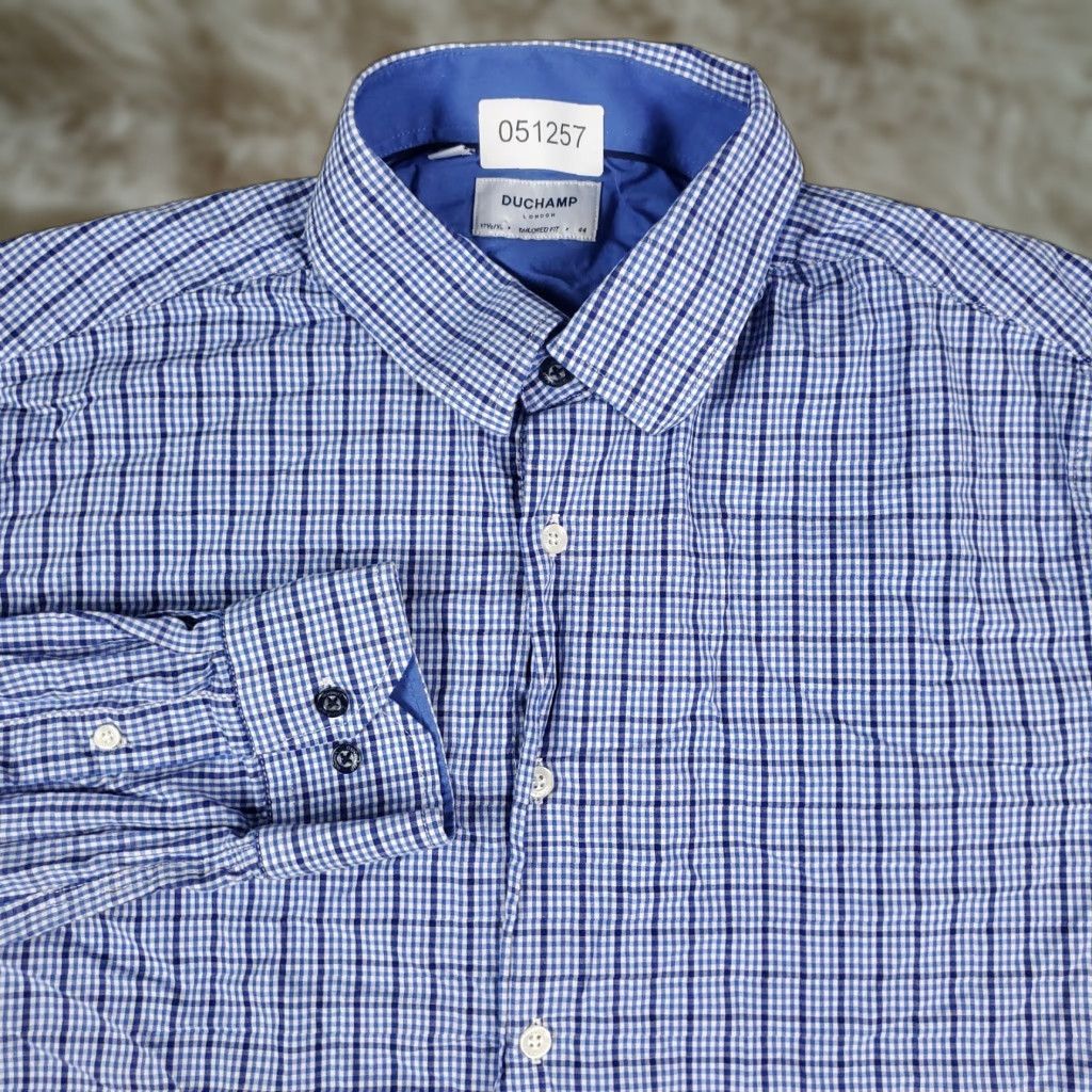 Vintage Duchamp Shirt Men Size 17.5 XL Blue Check Dress Button Up Long Sleeve Size 46R - 1 Thumbnail