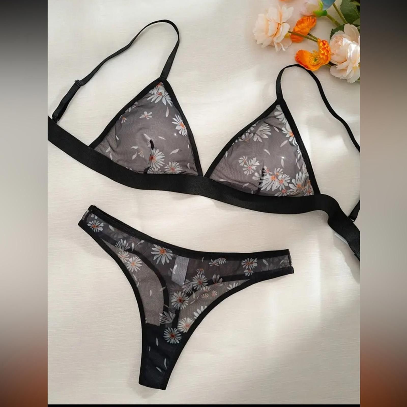 Designer Floral Sheer Black Daisy Lingerie Set Bralette and Thong Size ONE SIZE - 1 Thumbnail