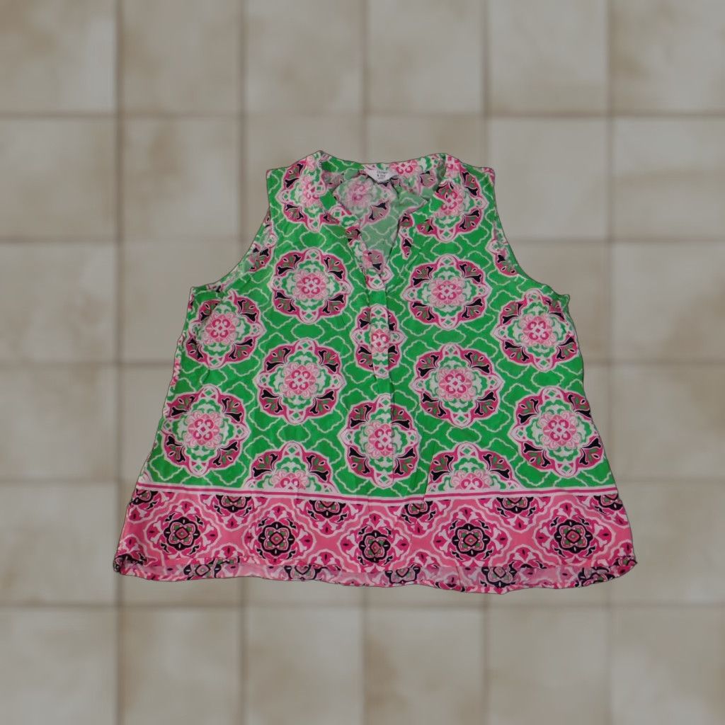 Vintage Crown & Ivy Blouse Womens Petites PXL Green Pink Sleeveless Floral Border Print Henley Button Short Neckline/Boho Casual Size XL / US 12-14 / IT 48-50 - 1 Thumbnail