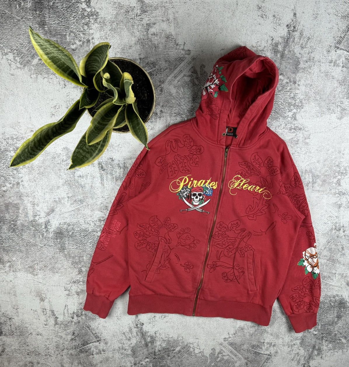 Pre-owned Vintage Y2k Skull John Devin Pirates Heart Ed Hardy Style Zip Hoodie In Red