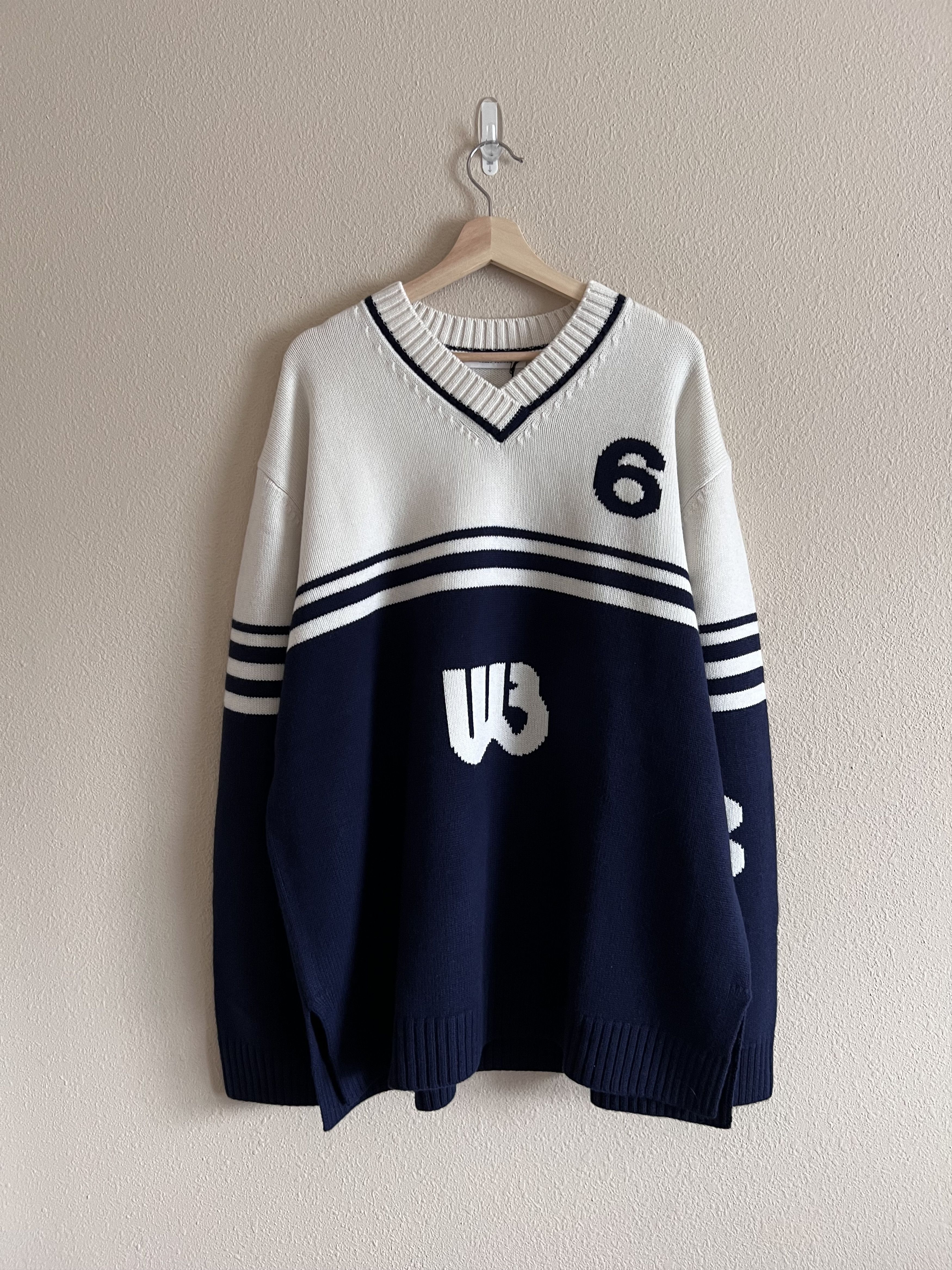 image of Wales Bonner Intarsia Wool V-Neck Sweater In White Navy, Men's (Size Large)
