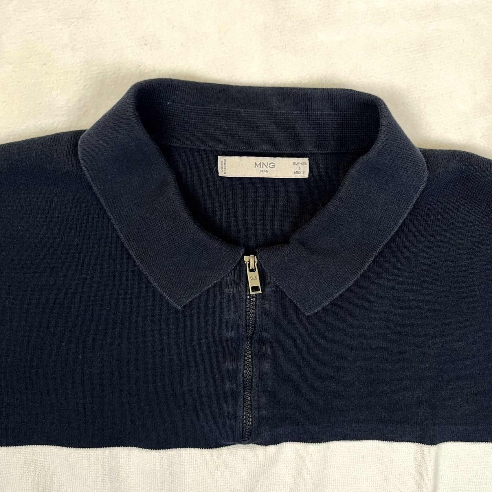 Mango Mango MNG Man Polo Shirt Mens Large Blue White Stripe 1/4 Zip Short Sleeve Knit Size US L / EU 52-54 / 3 - 2 Thumbnail