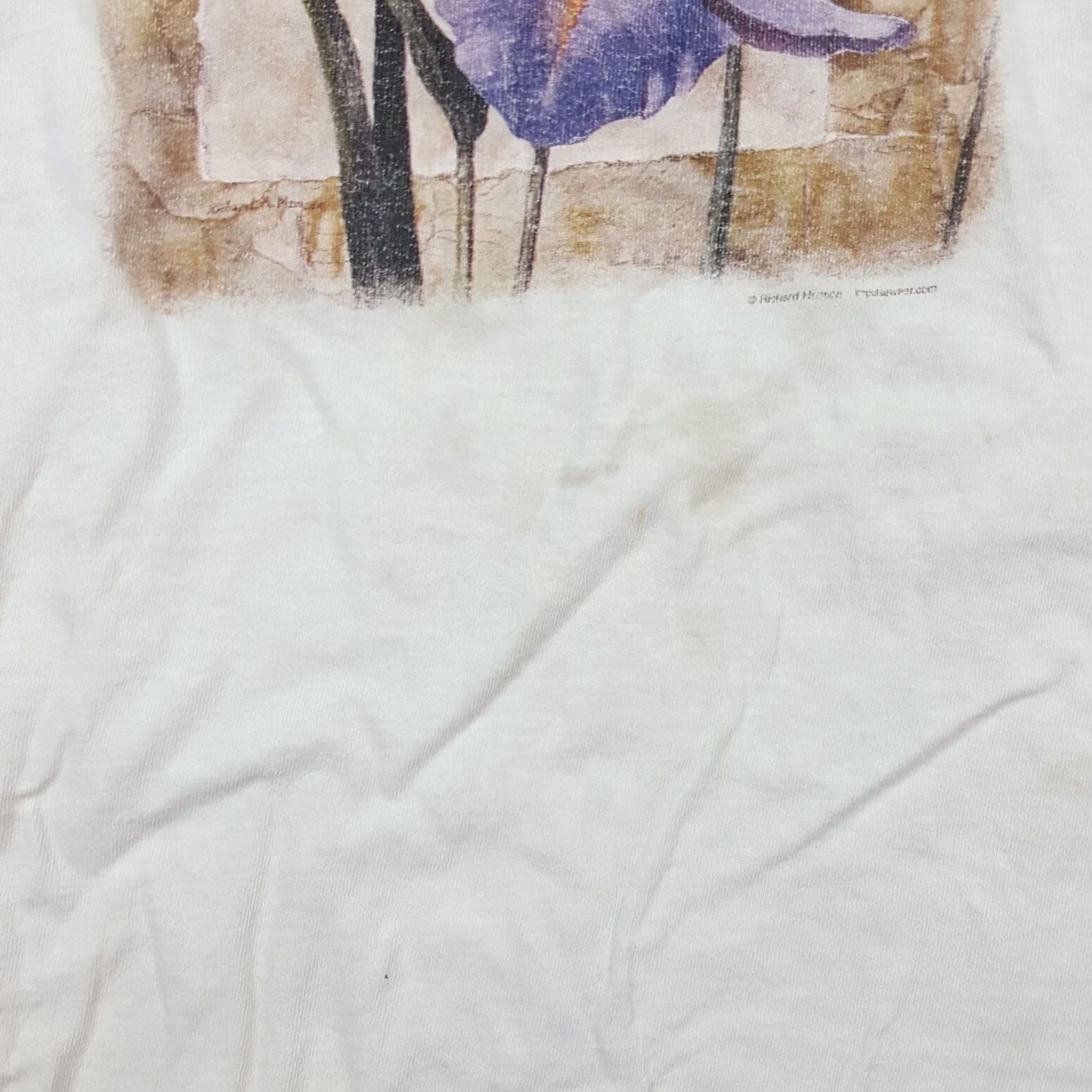 Delta Vintage 90s Iris Purple Flower Distressed Faded Men's Large Retro Art T Shirt White Size US L / EU 52-54 / 3 - 6 Thumbnail