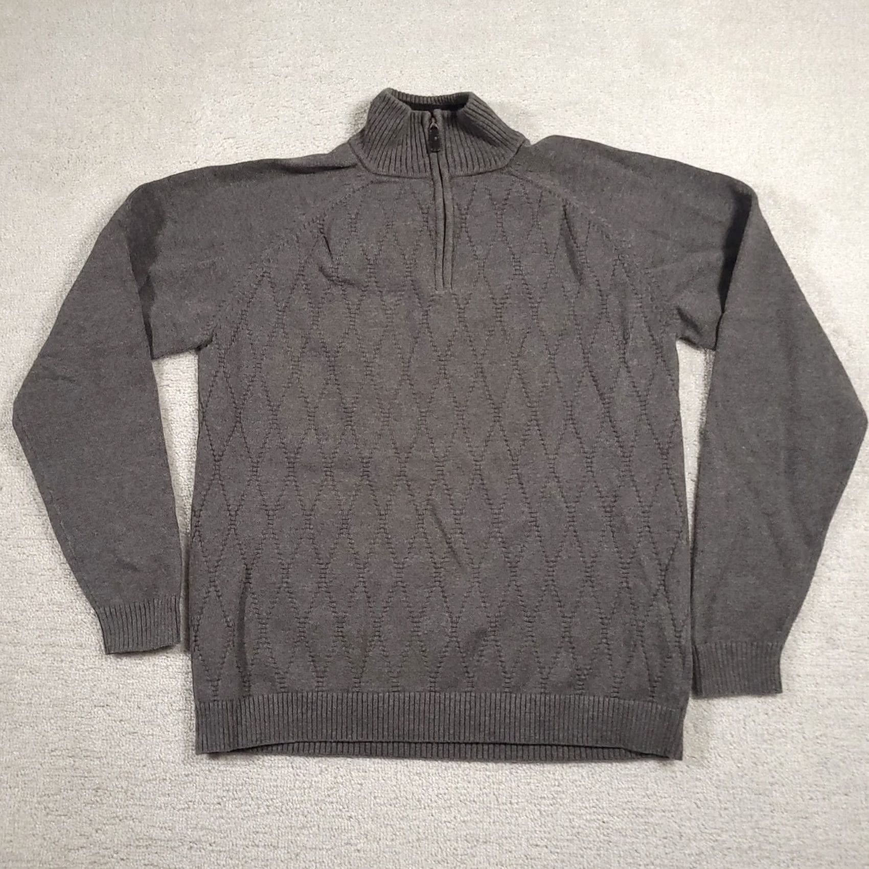 Liz Claiborne Claiborne Pullover Sweater 1/4 Zip Mens Large Gray Long Sleeve Mock Neck Diamond Pattern Knit Cotton Knitwear Shirt Size US L / EU 52-54 / 3 - 2 Thumbnail