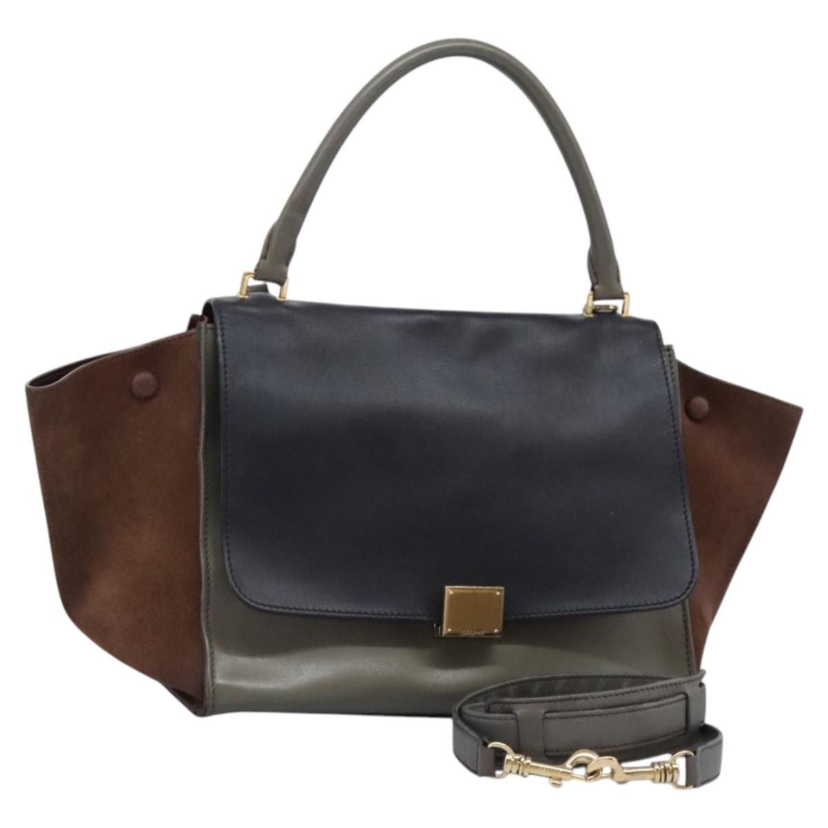 Celine Trapeze Hand Bag Leather Suede 2Way Navy Gold Auth Bs24425 in Navy/Gold, Women's