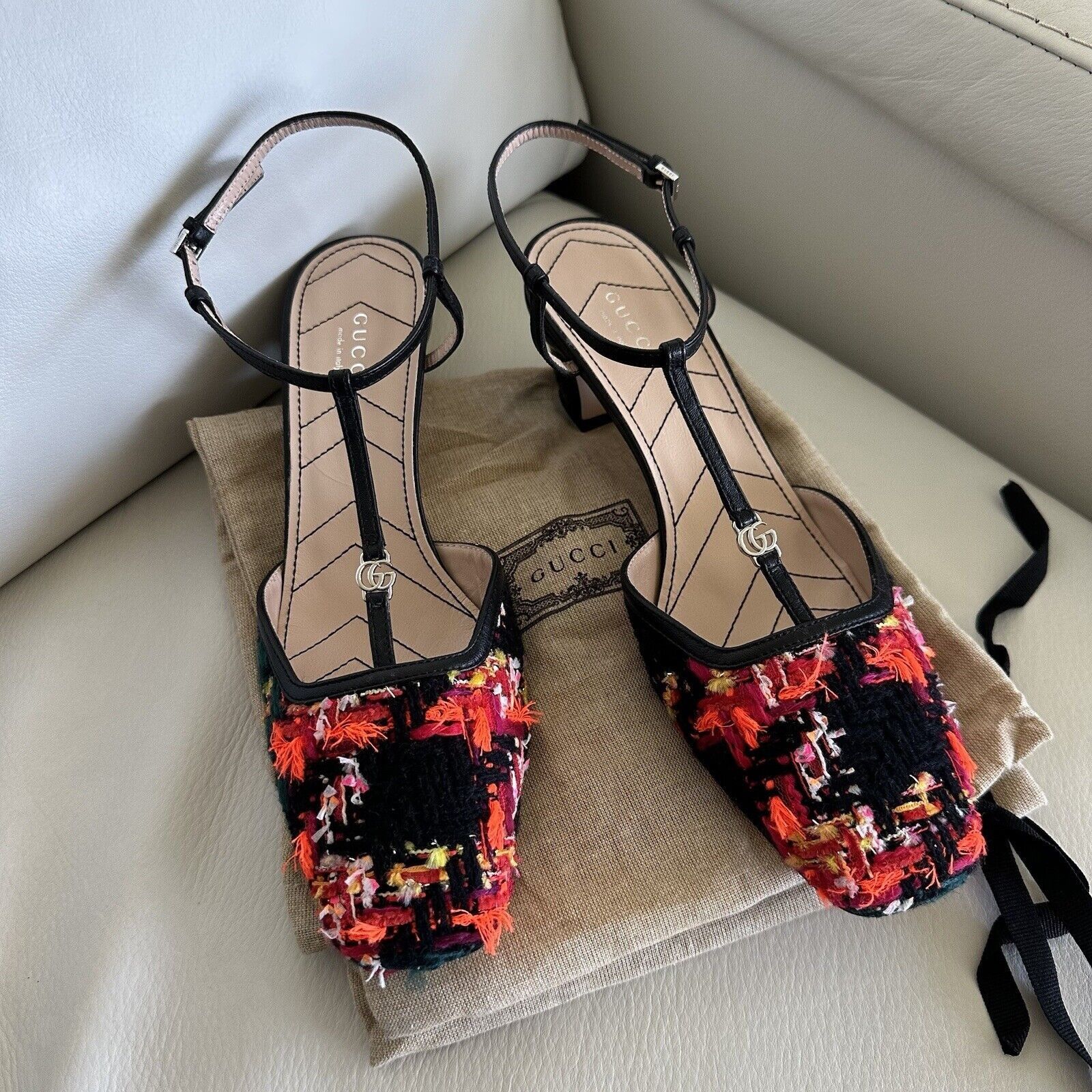 Gucci NEW GUCCI Marmont 55mm Tweed T-Strap Pumps Orange Pink Petr Size US 7 / IT 37 - 8 Thumbnail