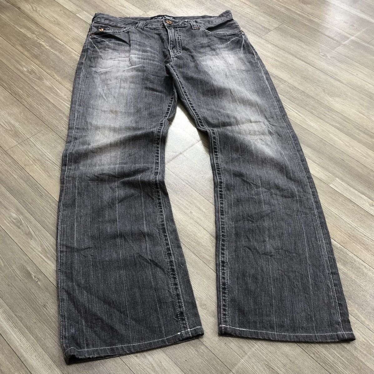 If Six Was Nine 1990s Vintage Uniqlo Black Washed LGB Bootcut Flared Jeans Size US 33 - 2 Thumbnail