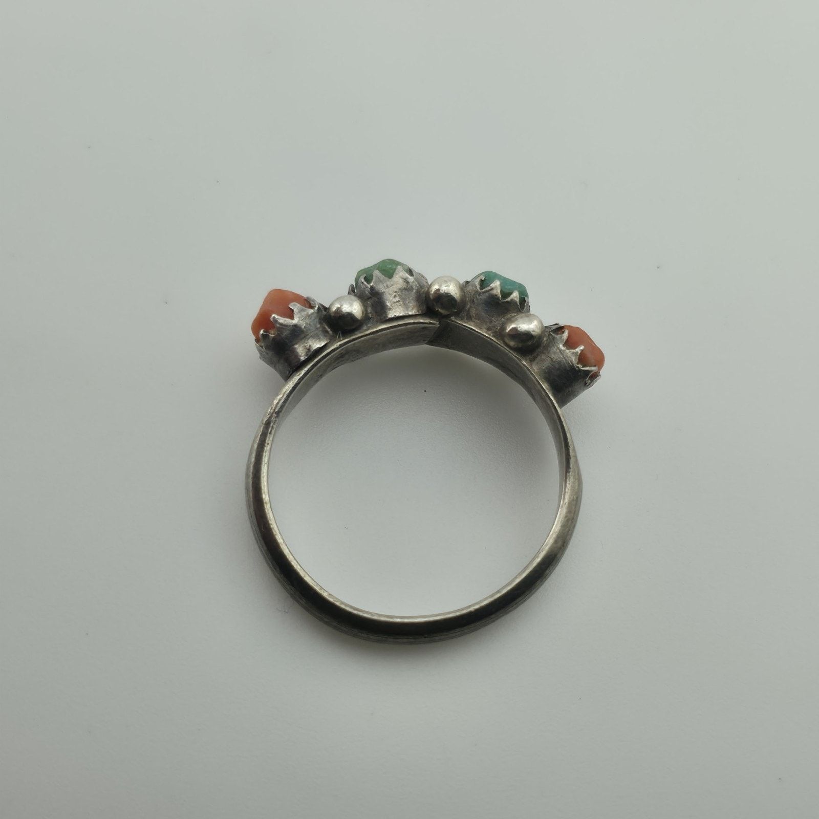 Other Sterling Silver Ring Green Coral turquoise Stone 5.5 Vintage Size ONE SIZE - 4 Thumbnail