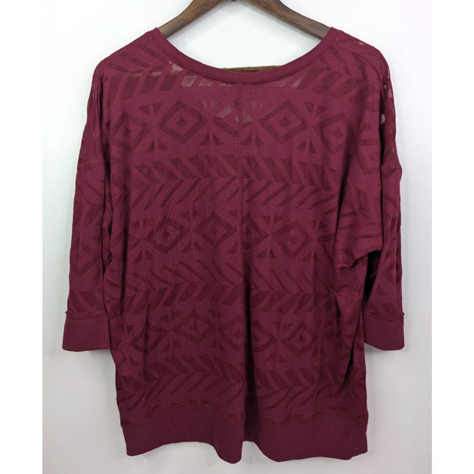 Vintage Lane Bryant Blouse Geometric 3/4 Sleeve Top Burgundy Women's Size 14/16 Sheer Tunic Bohemian NWT Size XL / US 12-14 / IT 48-50 - 3 Thumbnail