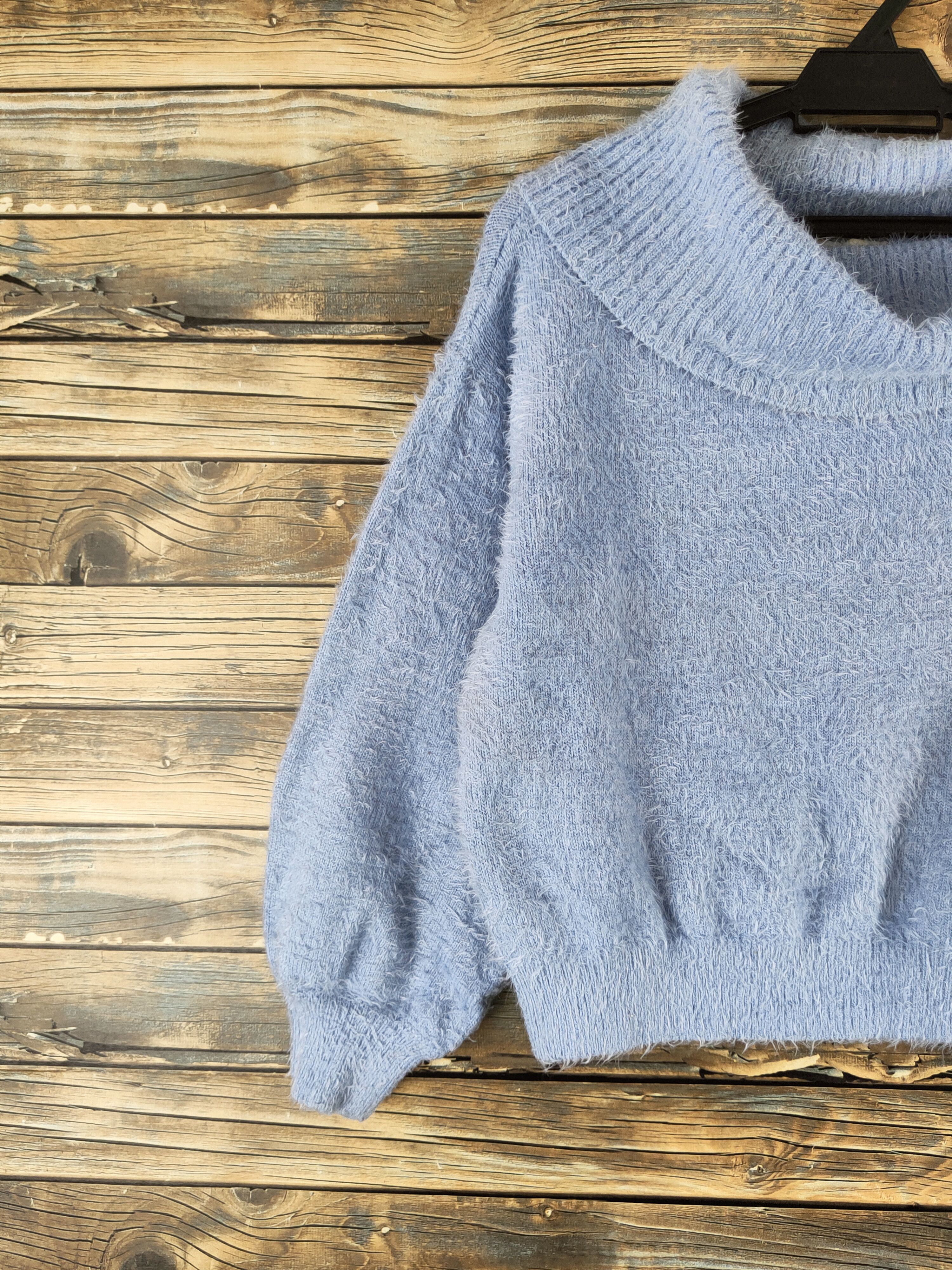 Japanese Brand Earth Music & Ecology Blue Fur Mohair Knitwear #46-549 Size S / US 4 / IT 40 - 3 Thumbnail