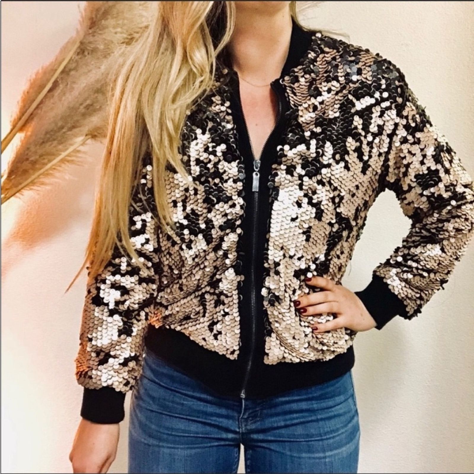 UO Urban Outfitters store Black Bronze Gold Matte Lex Sequin Satin Bomber Jacket M