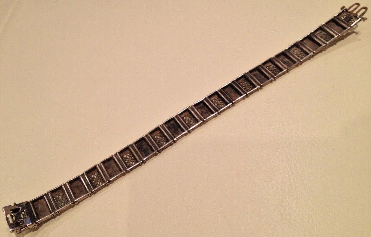 Designer Art Deco Sterling Silver Filigree & Black Enamel Bracelet Size ONE SIZE - 4 Thumbnail