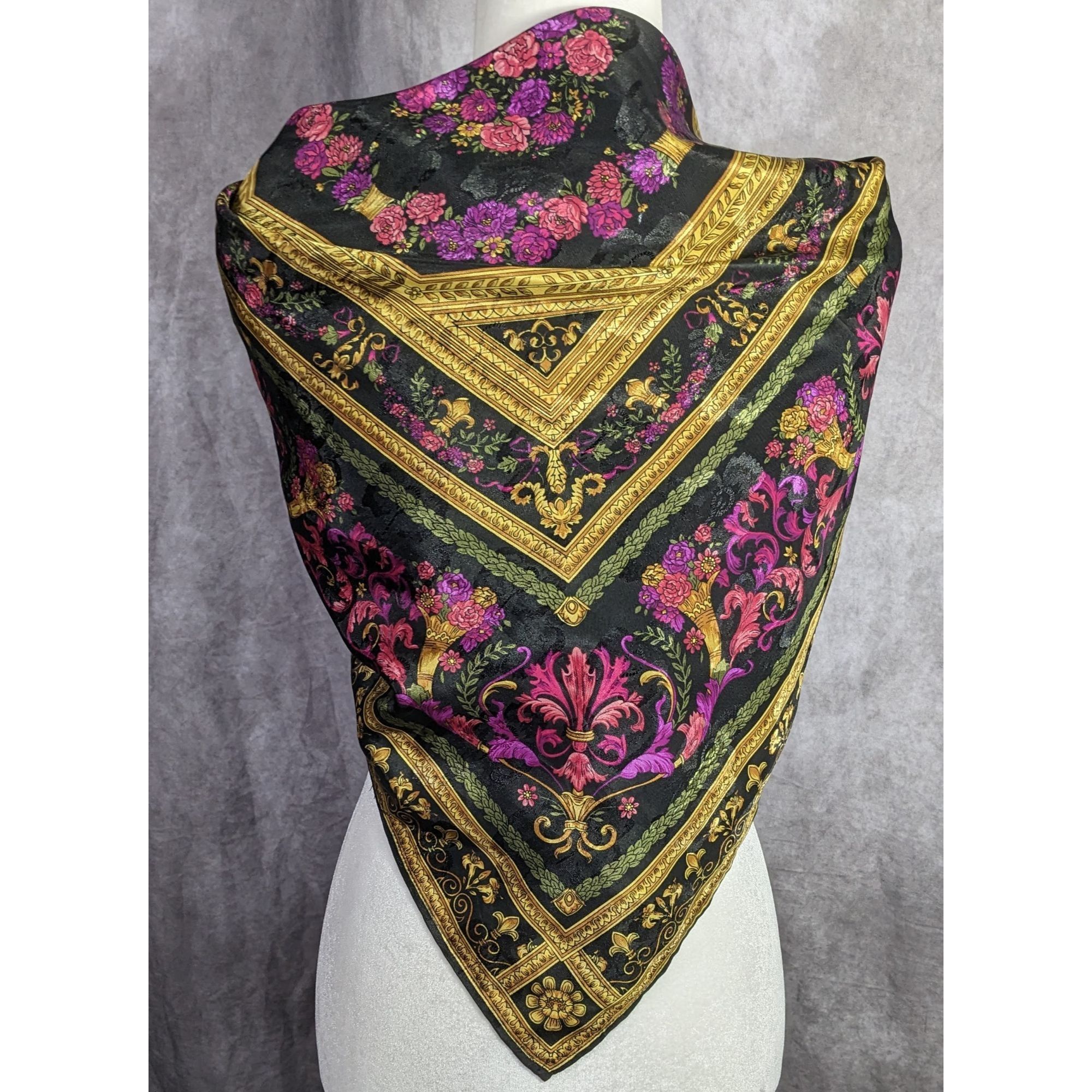 Other Vintage Floral Embossed Scarf 34"x34" Ornate Black Gold Pink Size ONE SIZE - 12 Thumbnail