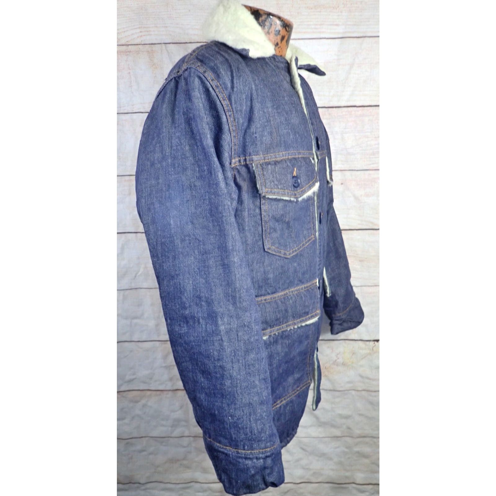 Sears VINTAGE ROEBUCK'S SEARS Denim Indigo 70s Coat Sherpa Lined Jacket Mens 38R 45" Chest 30" Length 23.5" Arm 18" Shoulder CHORE STYLE USA Mens Boys? Size US XXS / EU 40 - 2 Thumbnail